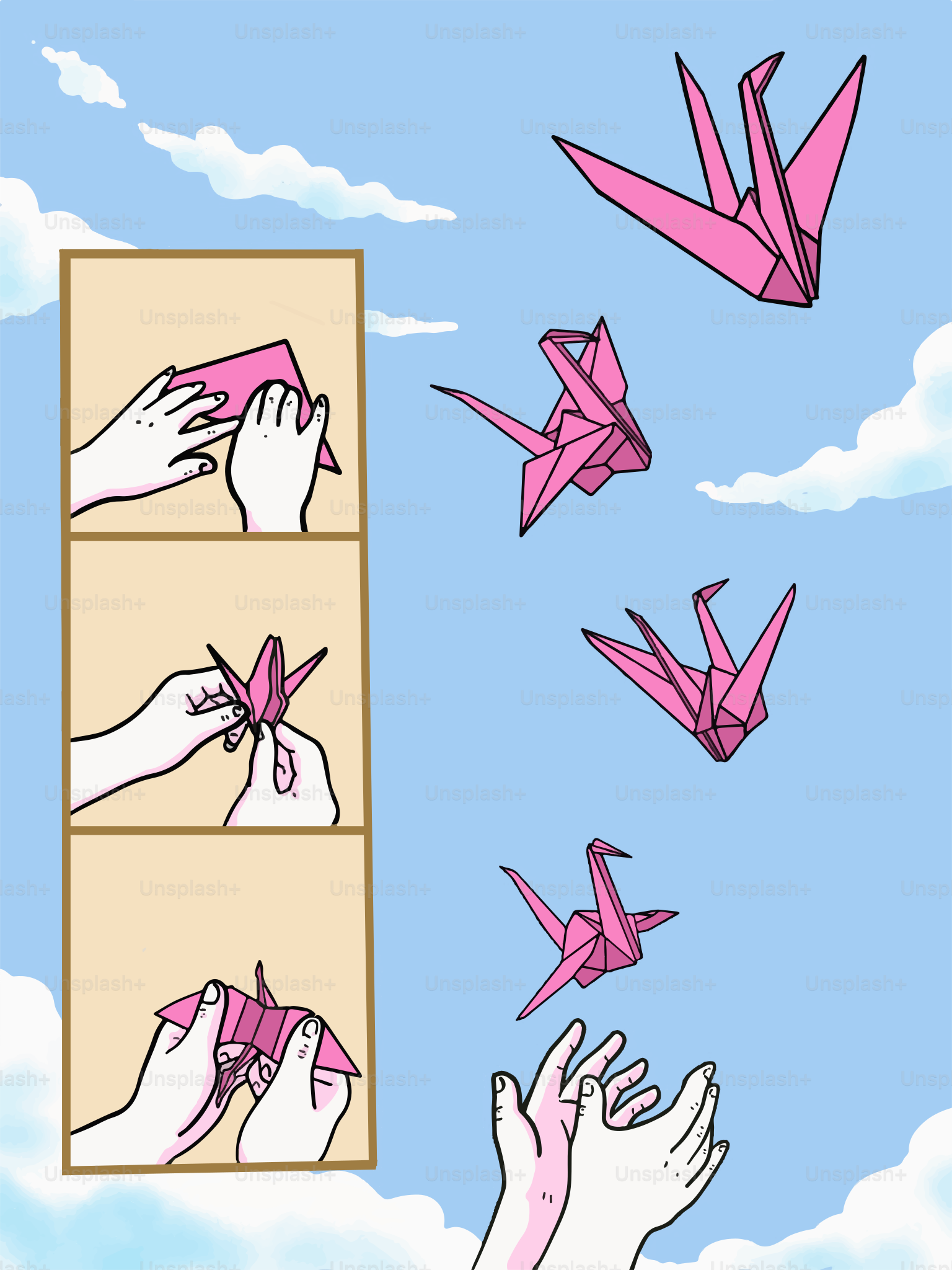 Origami paper cranes are crafted and set free.