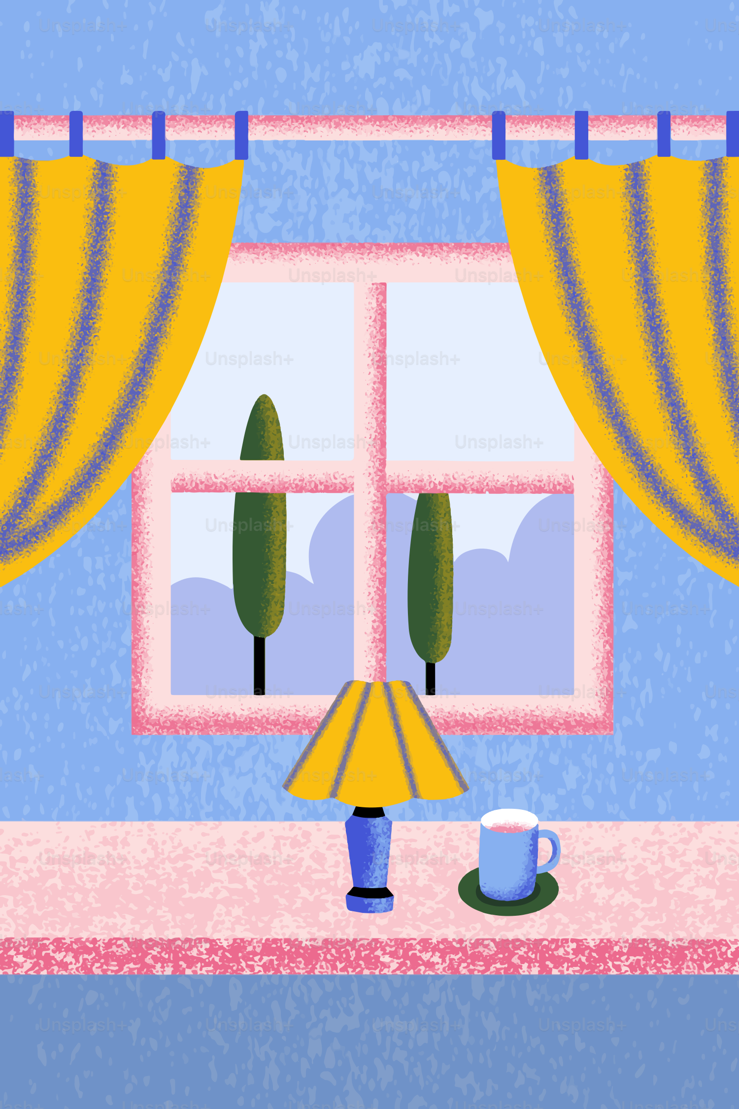 A window scene with trees and lamp.