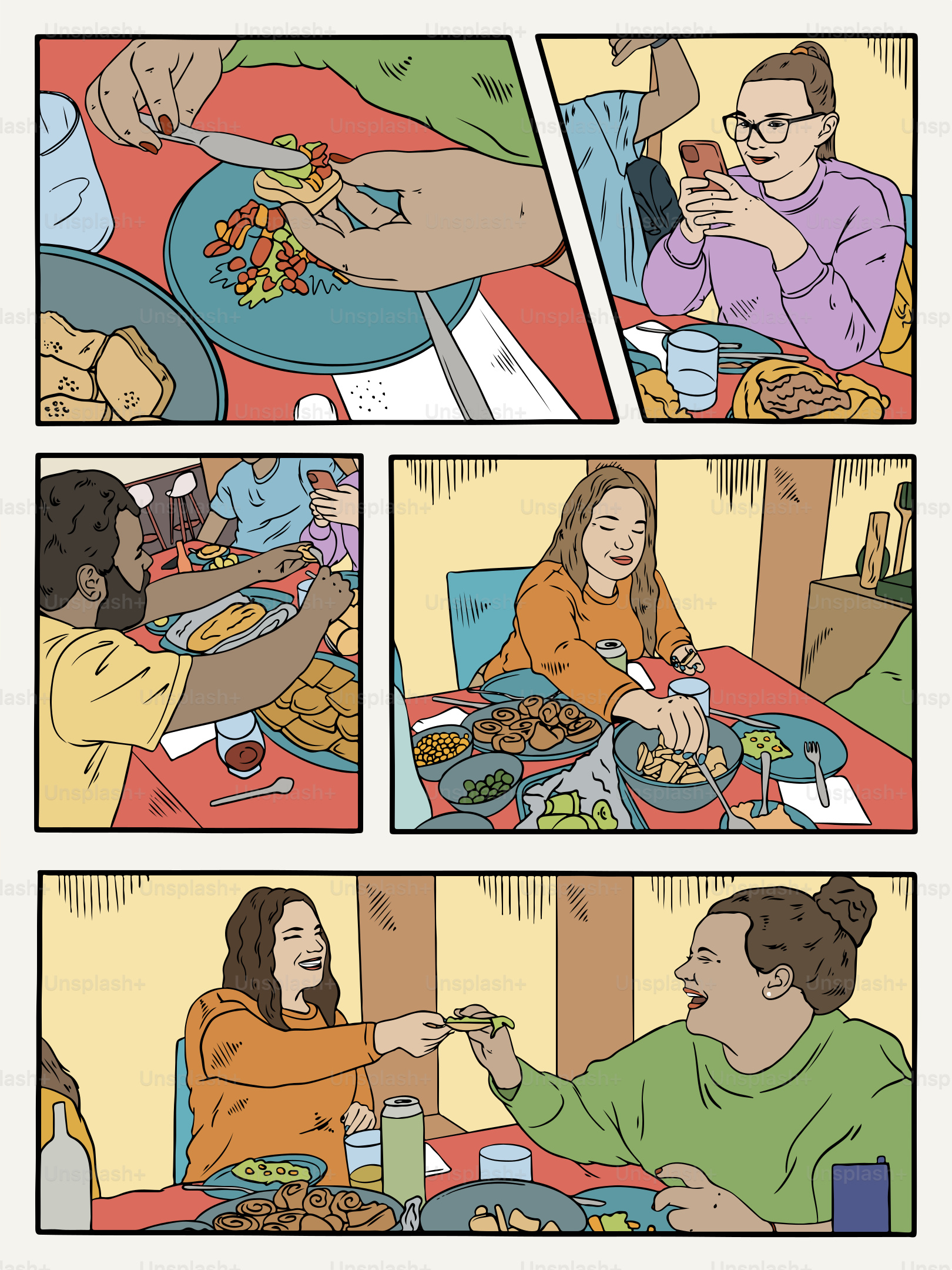 People are shown enjoying a fun meal together.