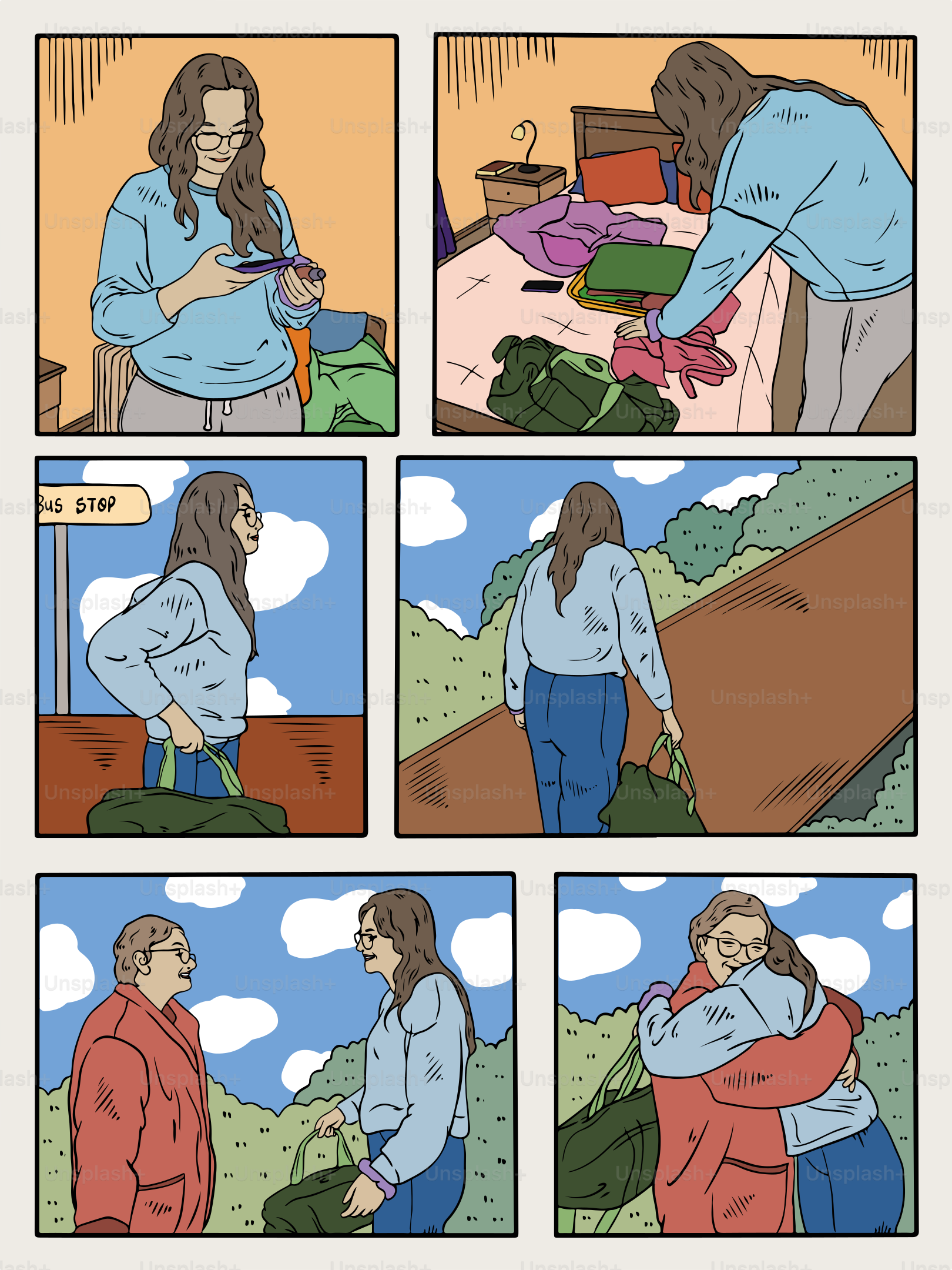 A woman preps, travels, and reunites with someone.