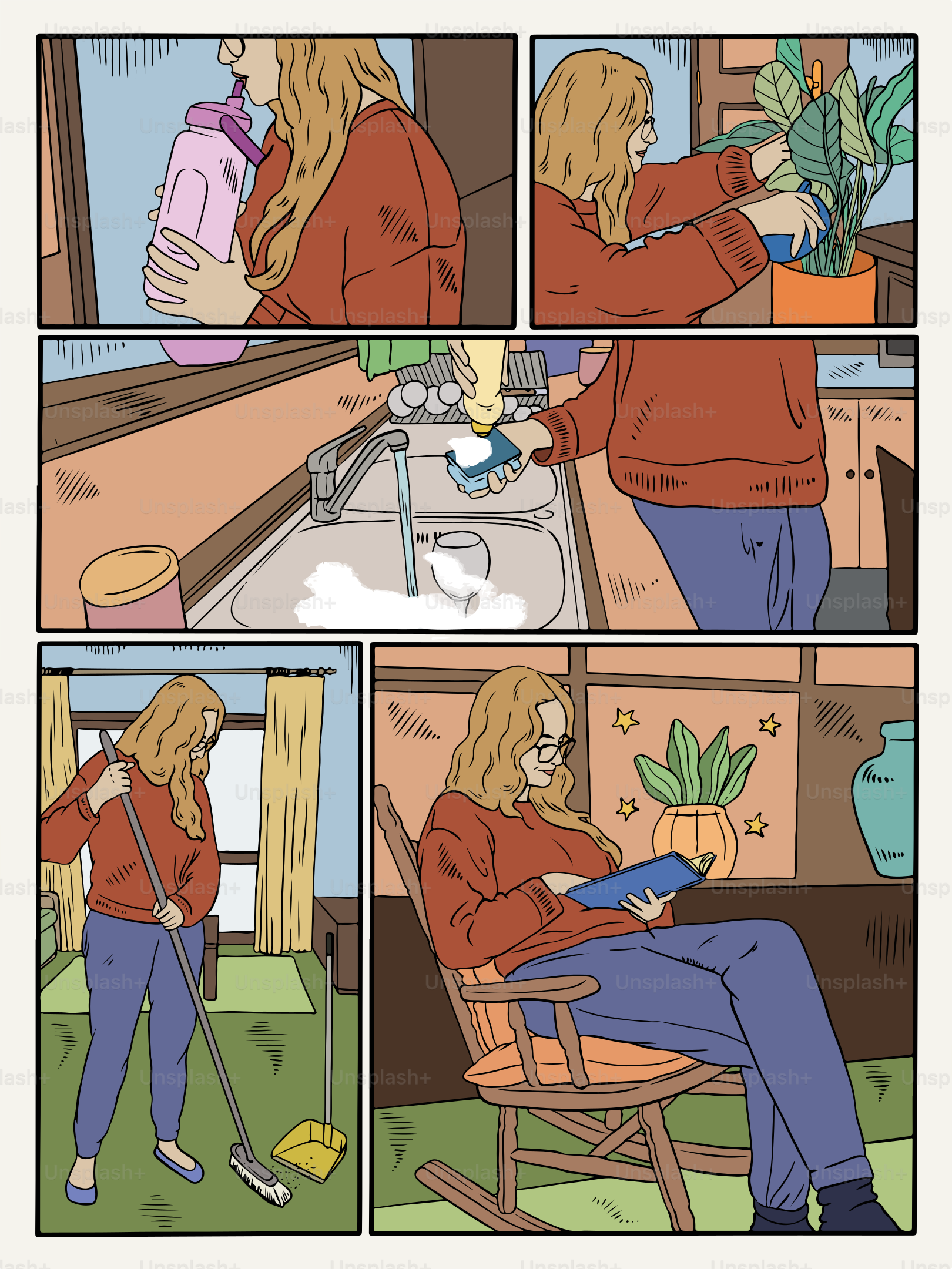 Woman completes daily chores and enjoys a book.