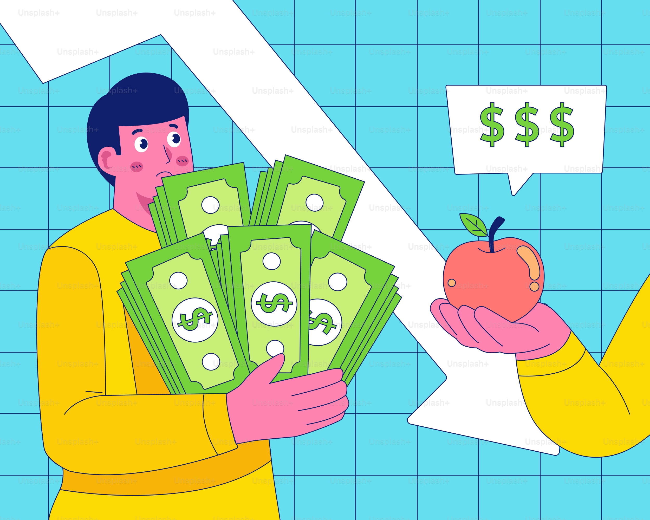 Un hombre compra una manzana con dinero.