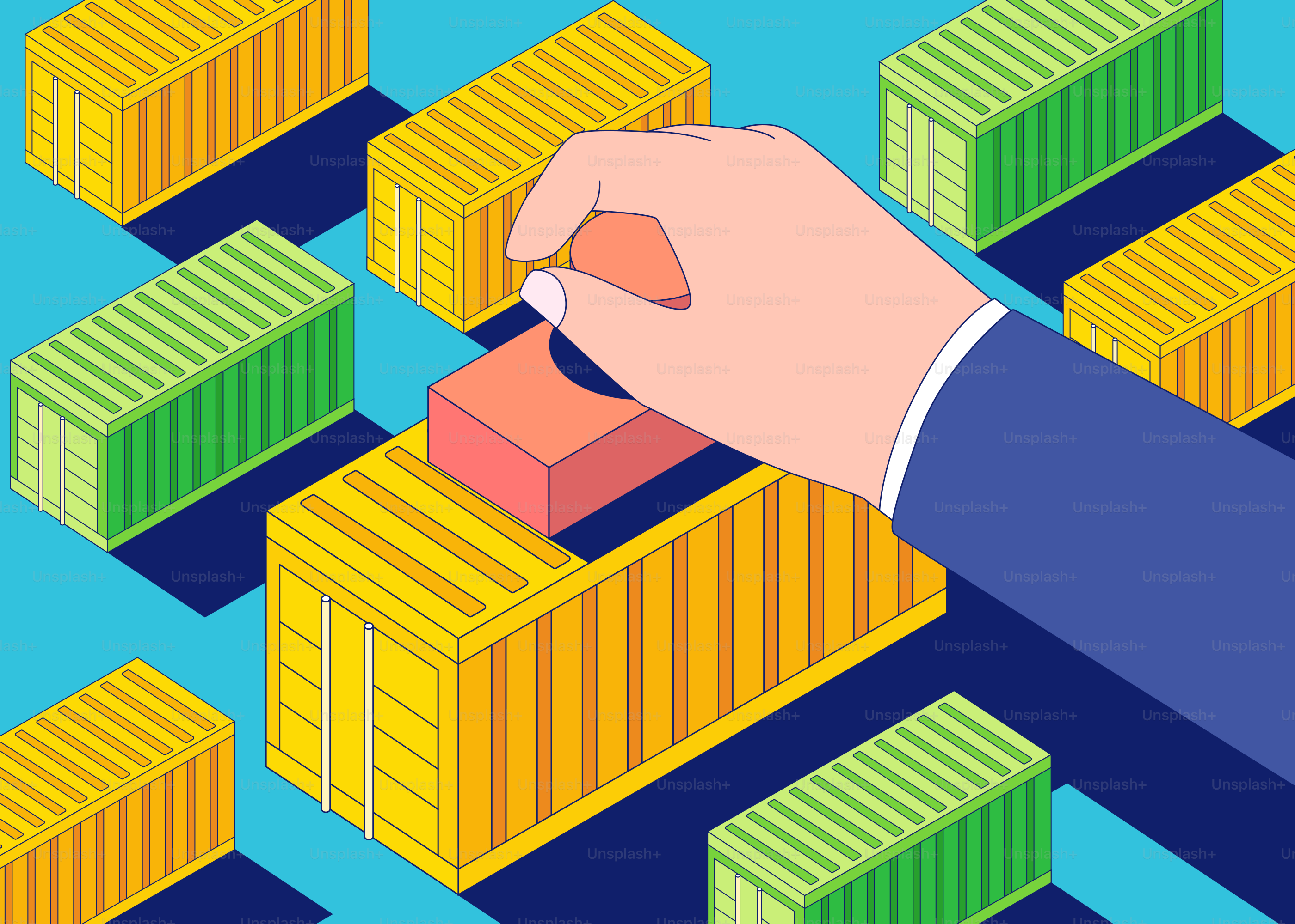 Hand stamps a box among several shipping containers.