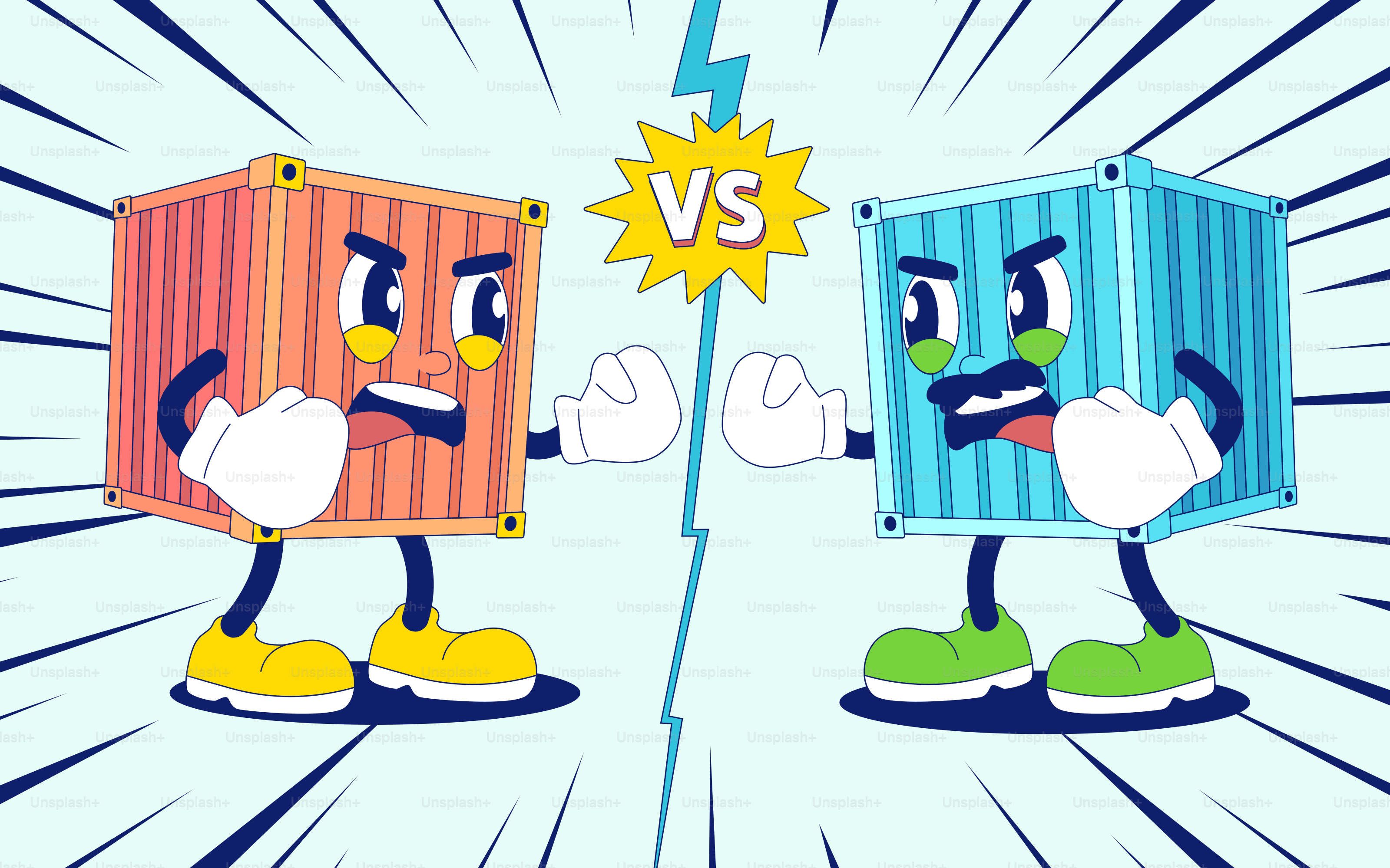 Two cartoon shipping containers are ready to fight.