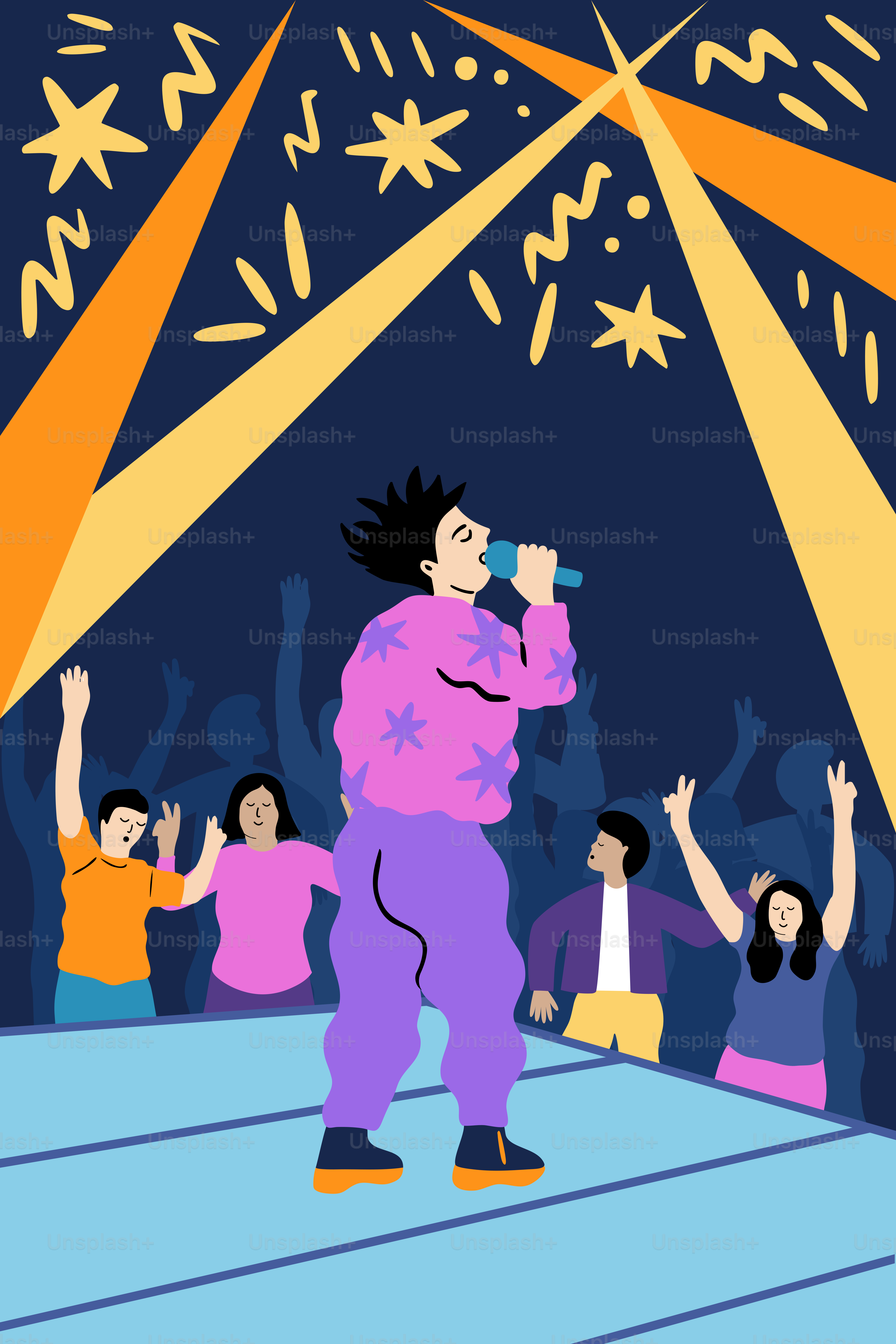 A singer performs on stage with an excited audience.