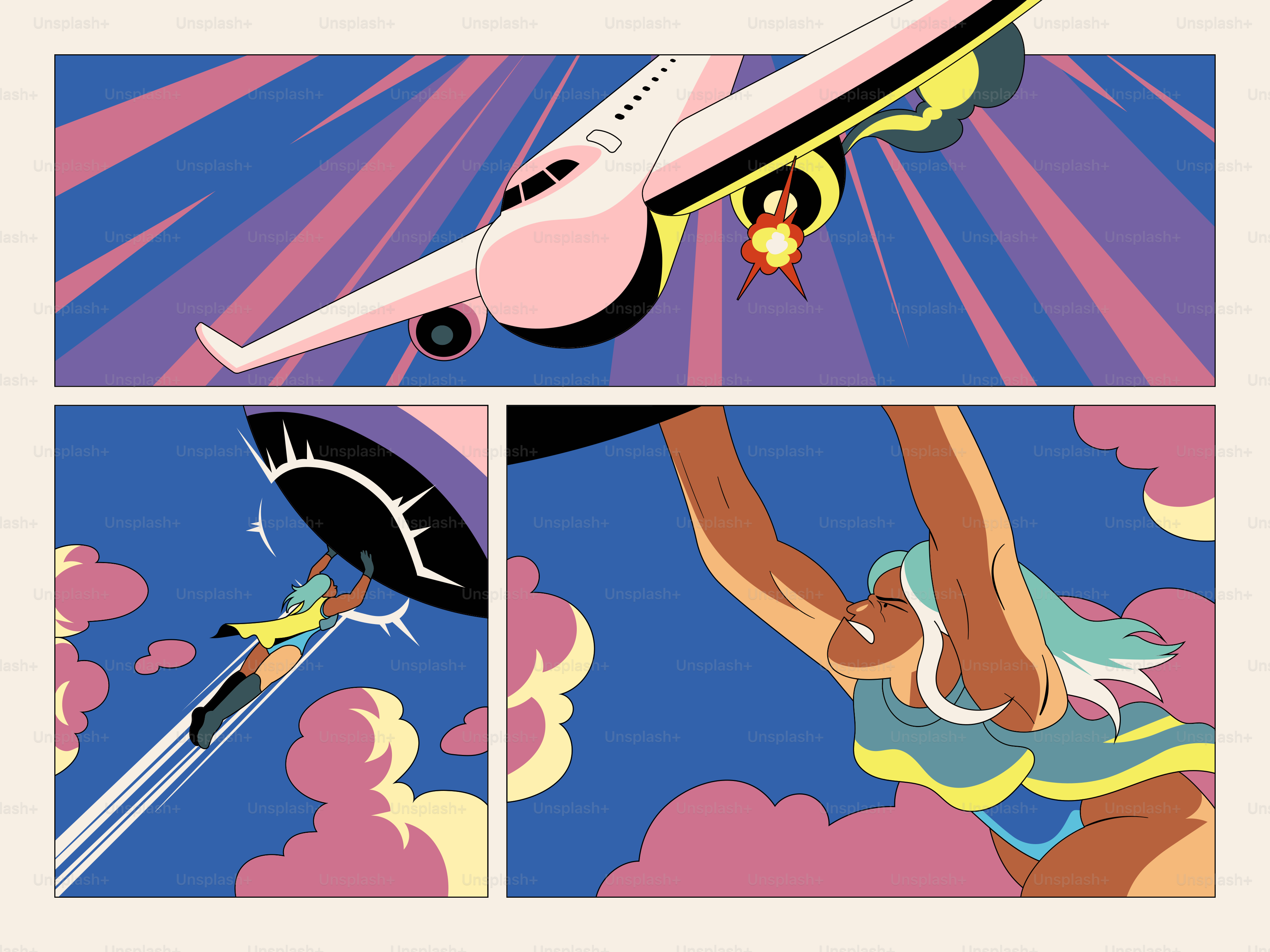 Ein Flugzeug stürzt ab, der Held fängt fallende Passagiere auf.