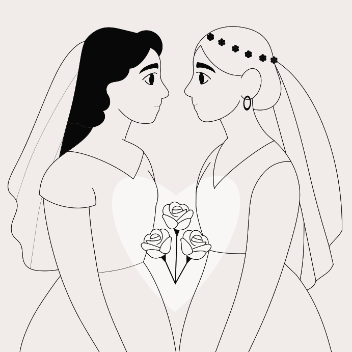 二人の花嫁が結婚式で誓いを交わしている。