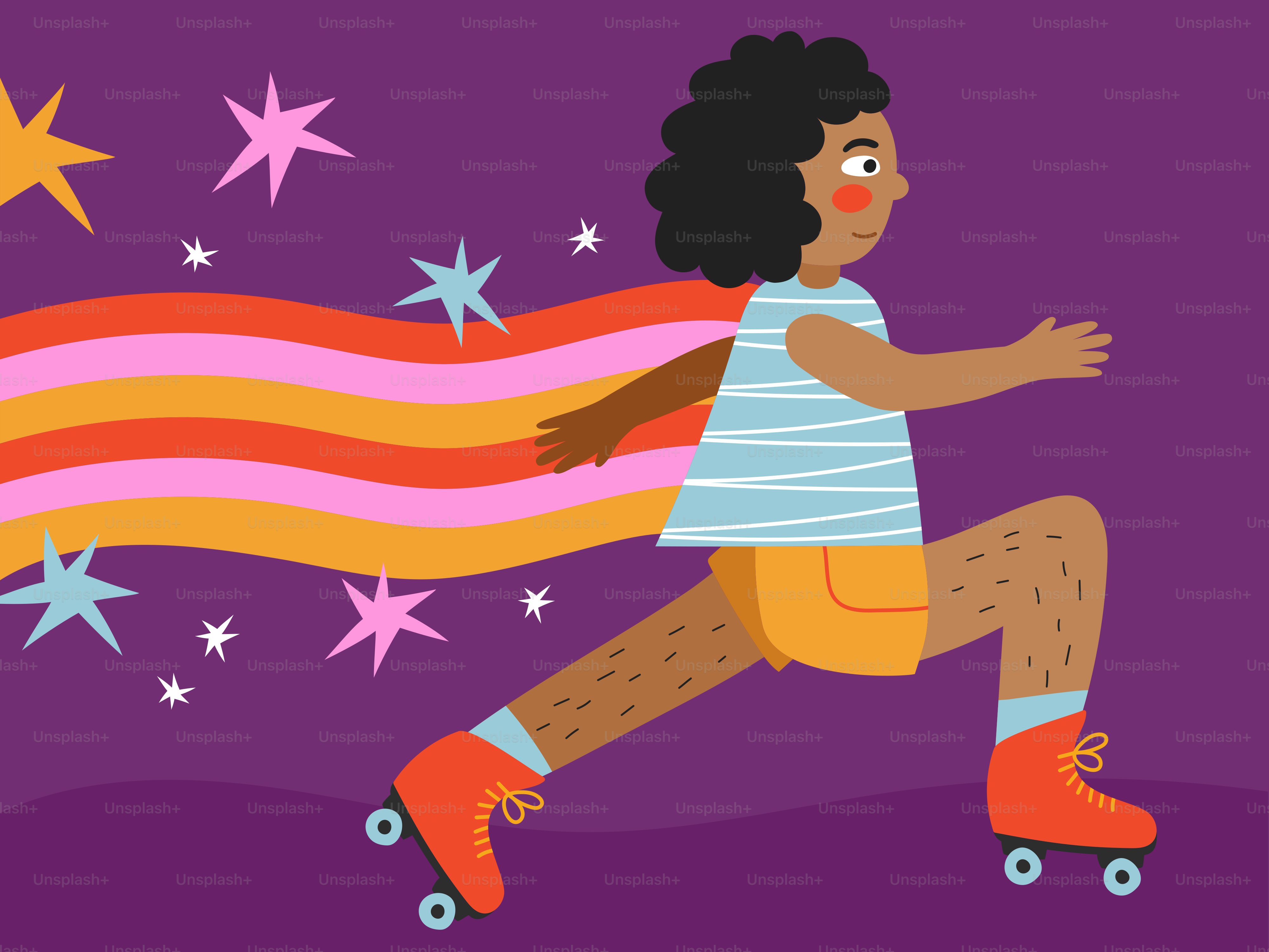 Here's a caption: girl roller skates with a rainbow trail.