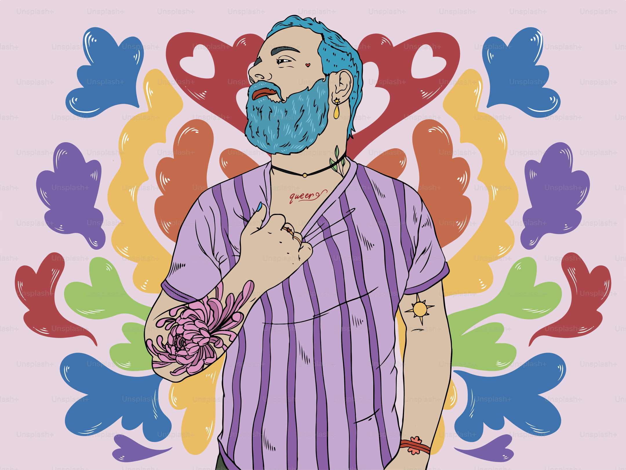 A man with colorful art surrounding him.