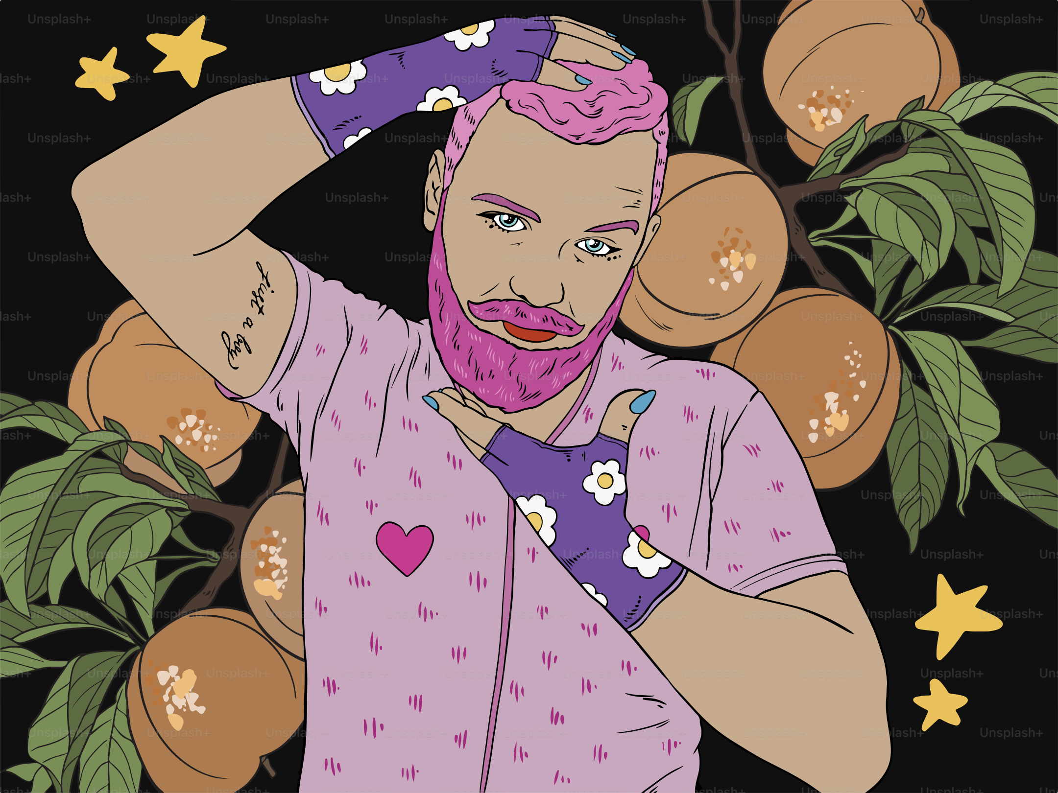 Un hombre posa con el pelo rosa y melocotones.