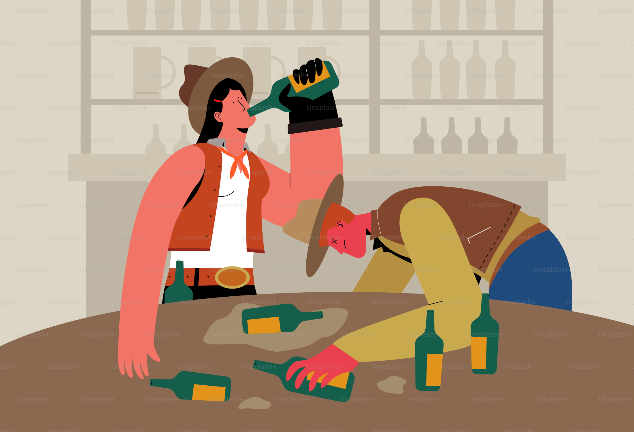 Cowboys trinken Alkohol in einem Saloon.