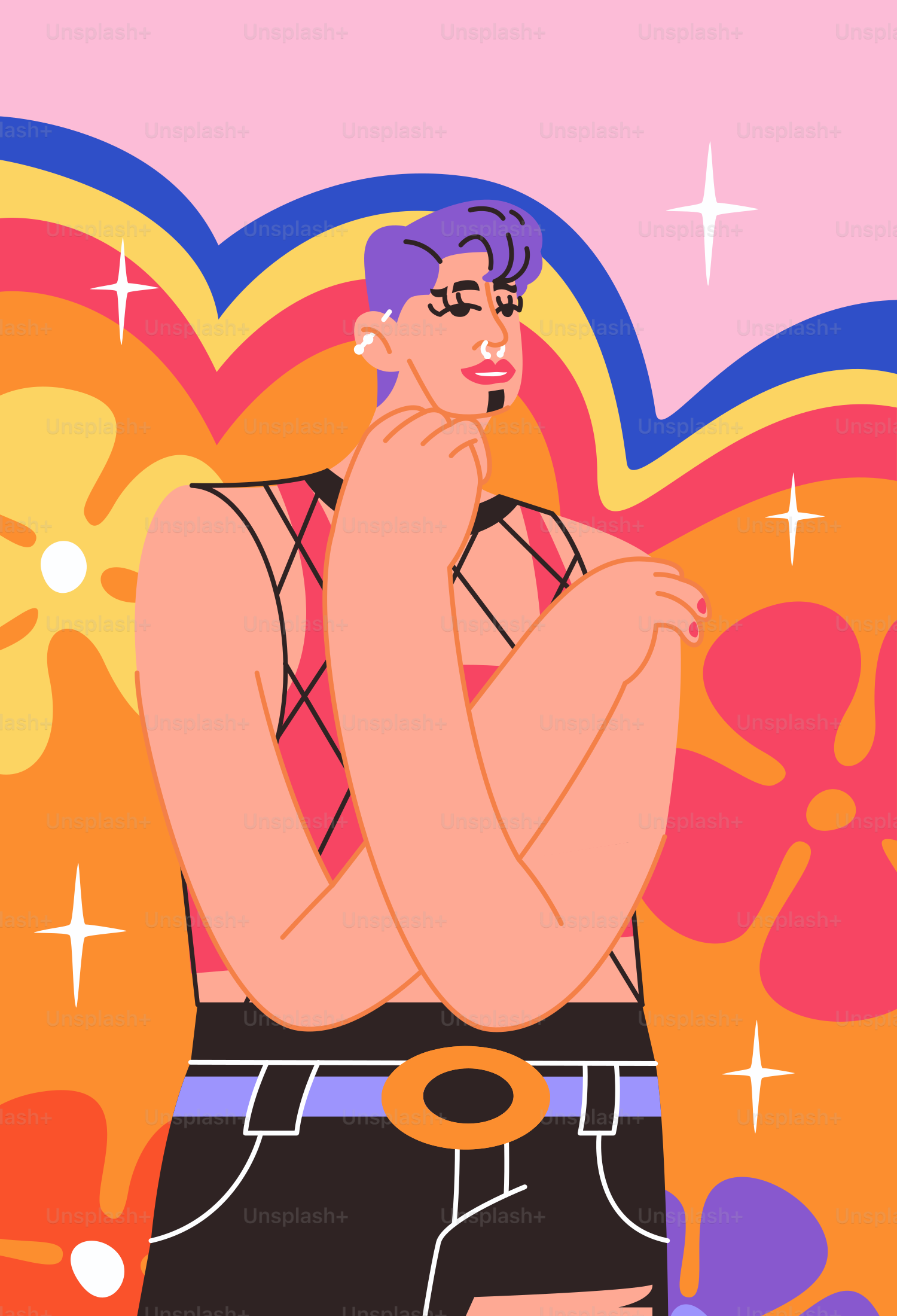 A stylish person poses with a colorful background.