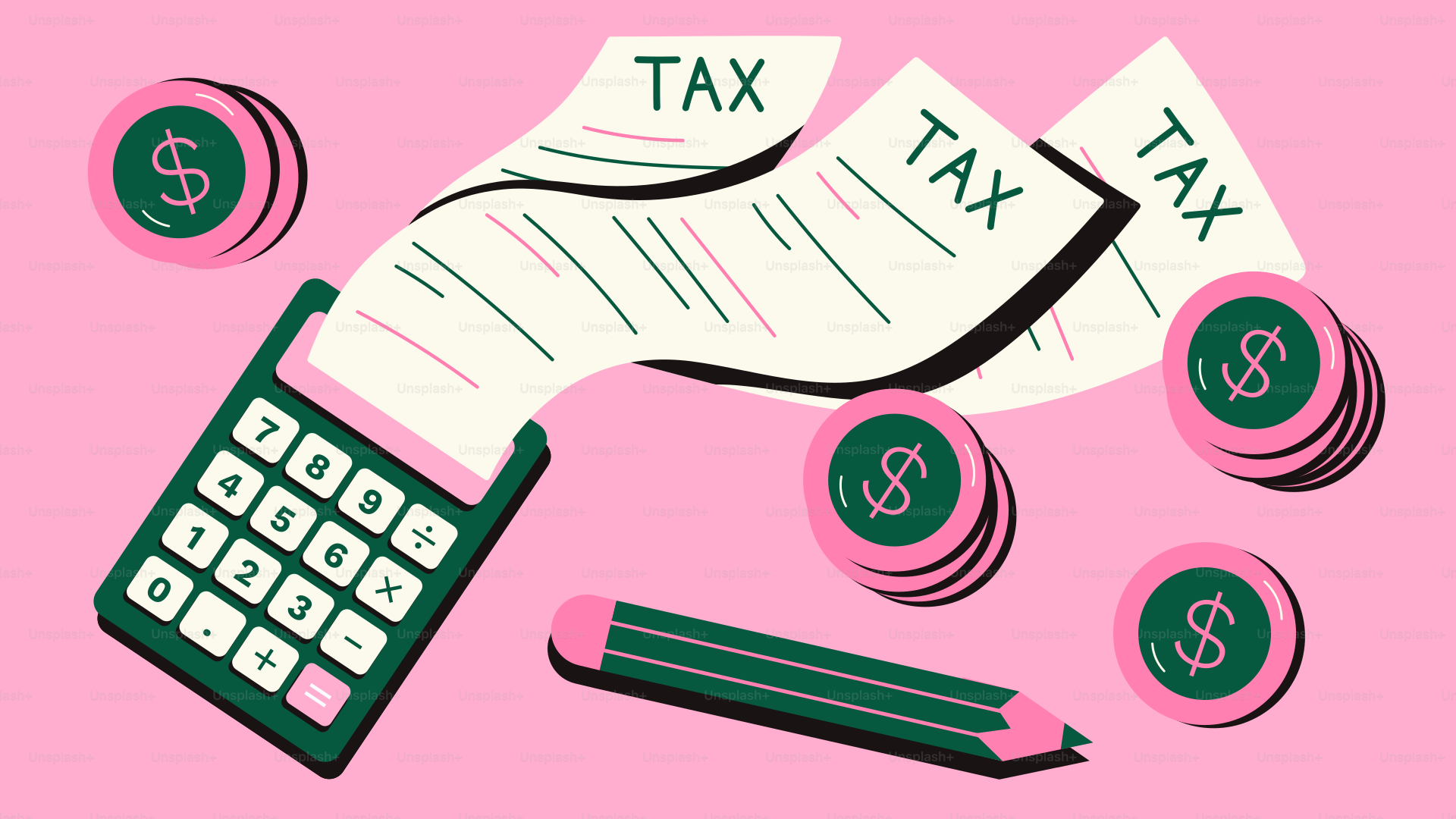 Tax calculations with a calculator, bills, and money.