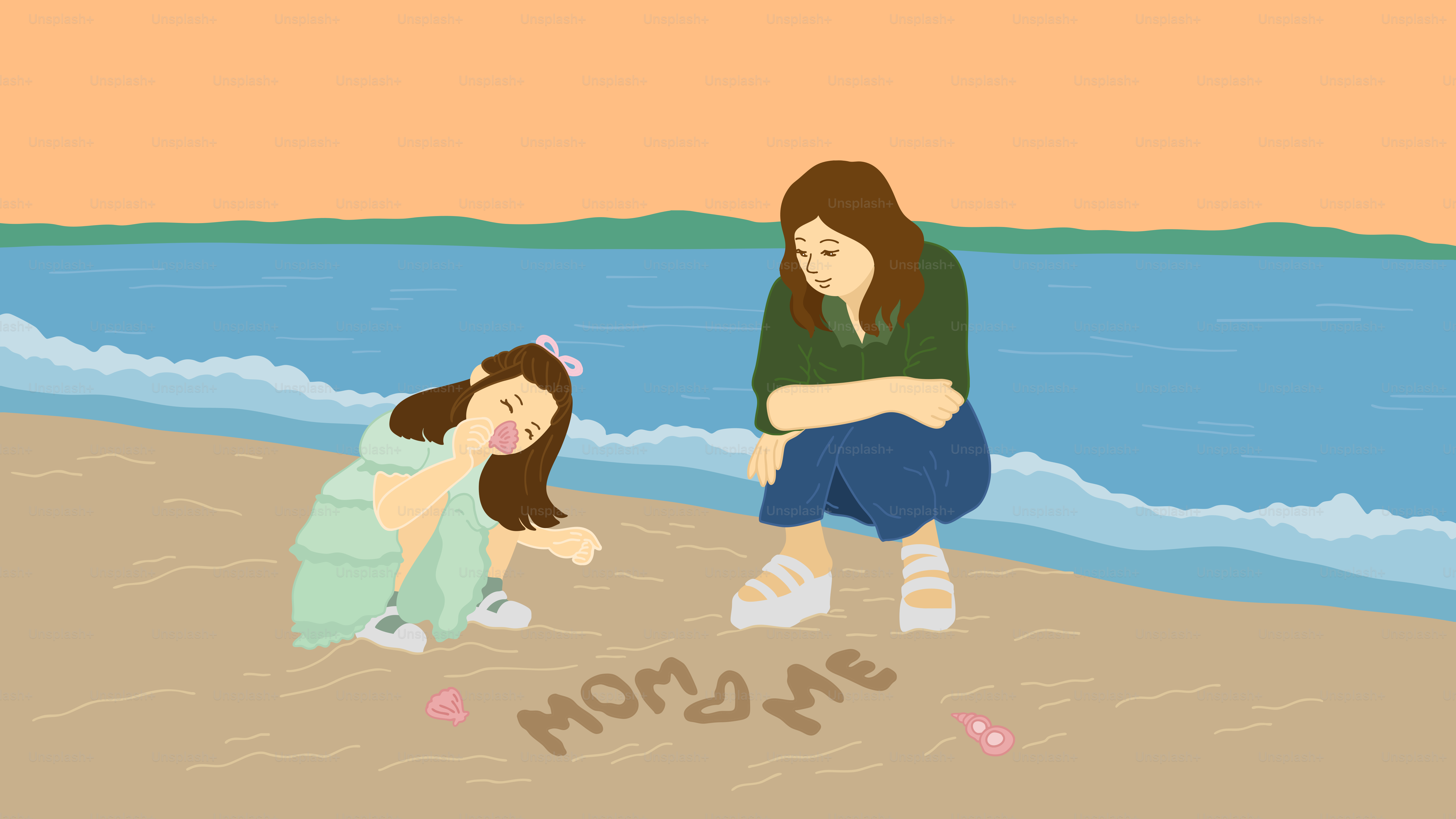 Madre e hija escriben "mamá y yo" en la arena.