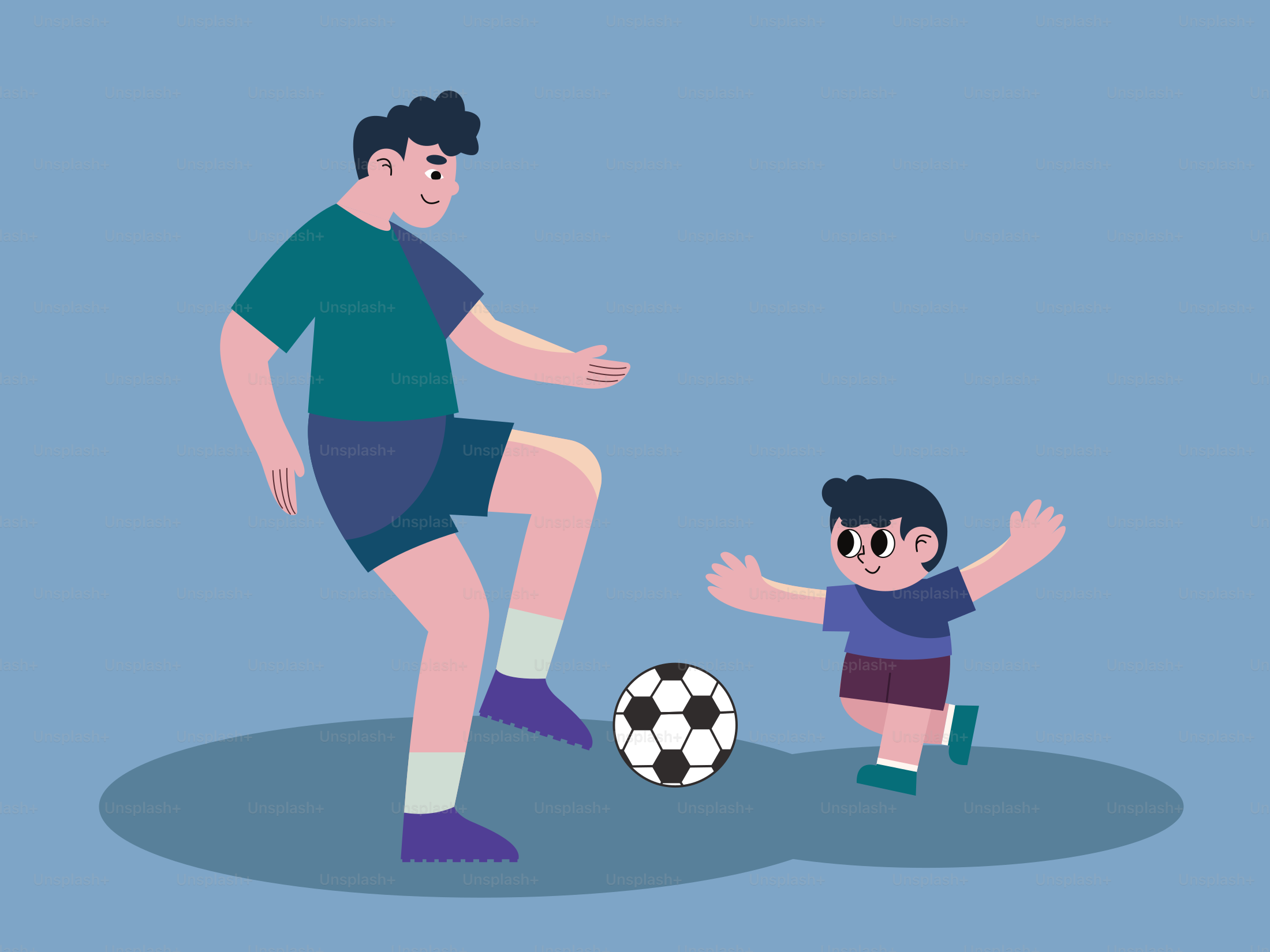 Father and son playing soccer together.