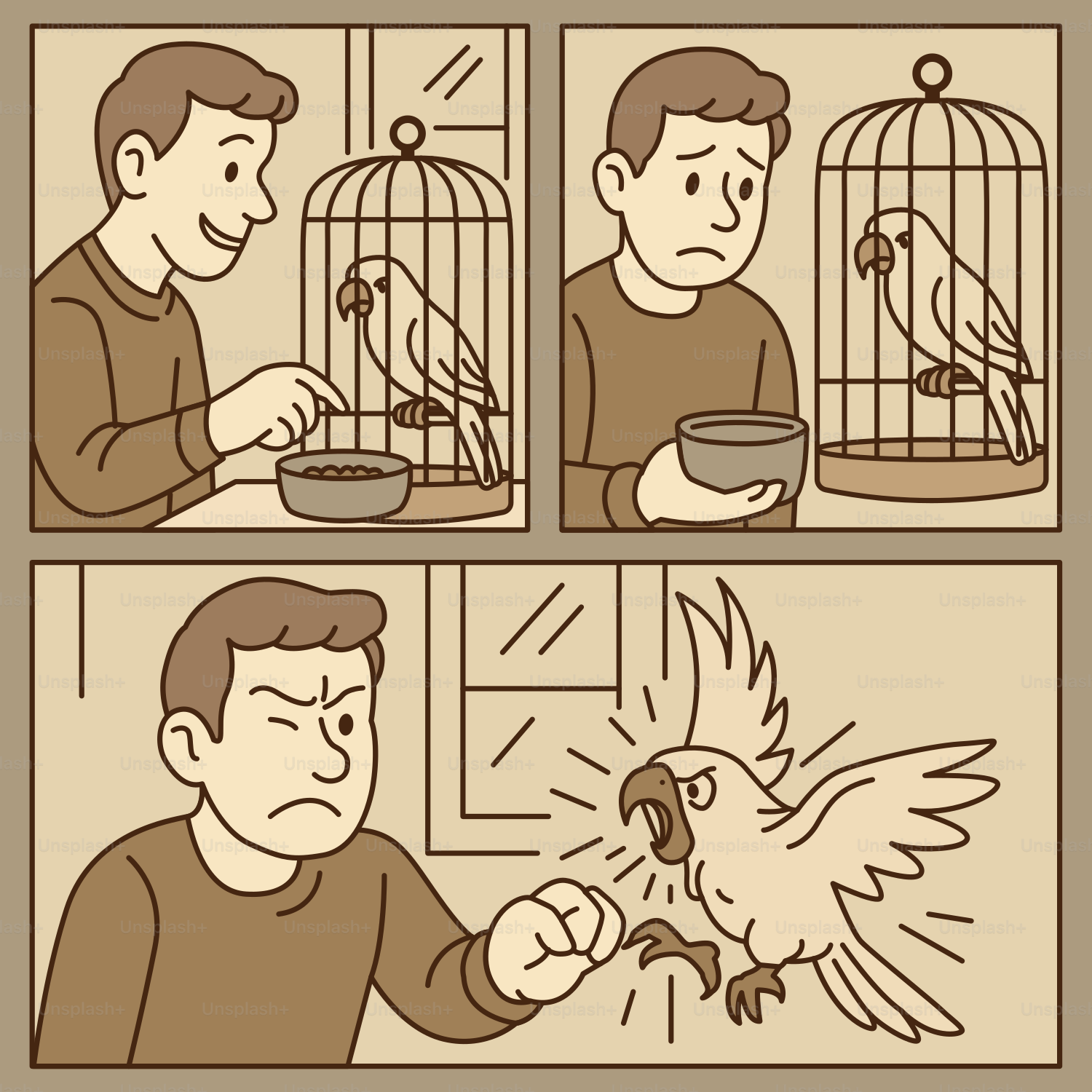 Bird bites man after he tries to give it food.