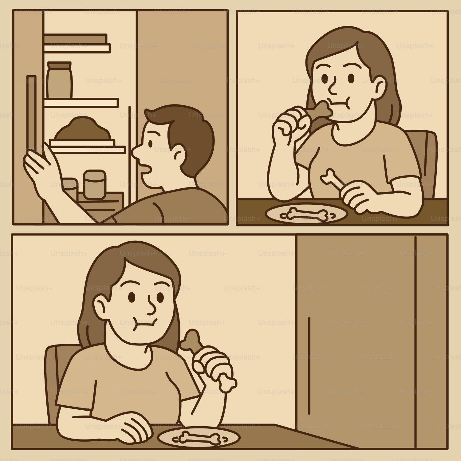 Um homem encontra comida na geladeira, mulher gosta de um osso.