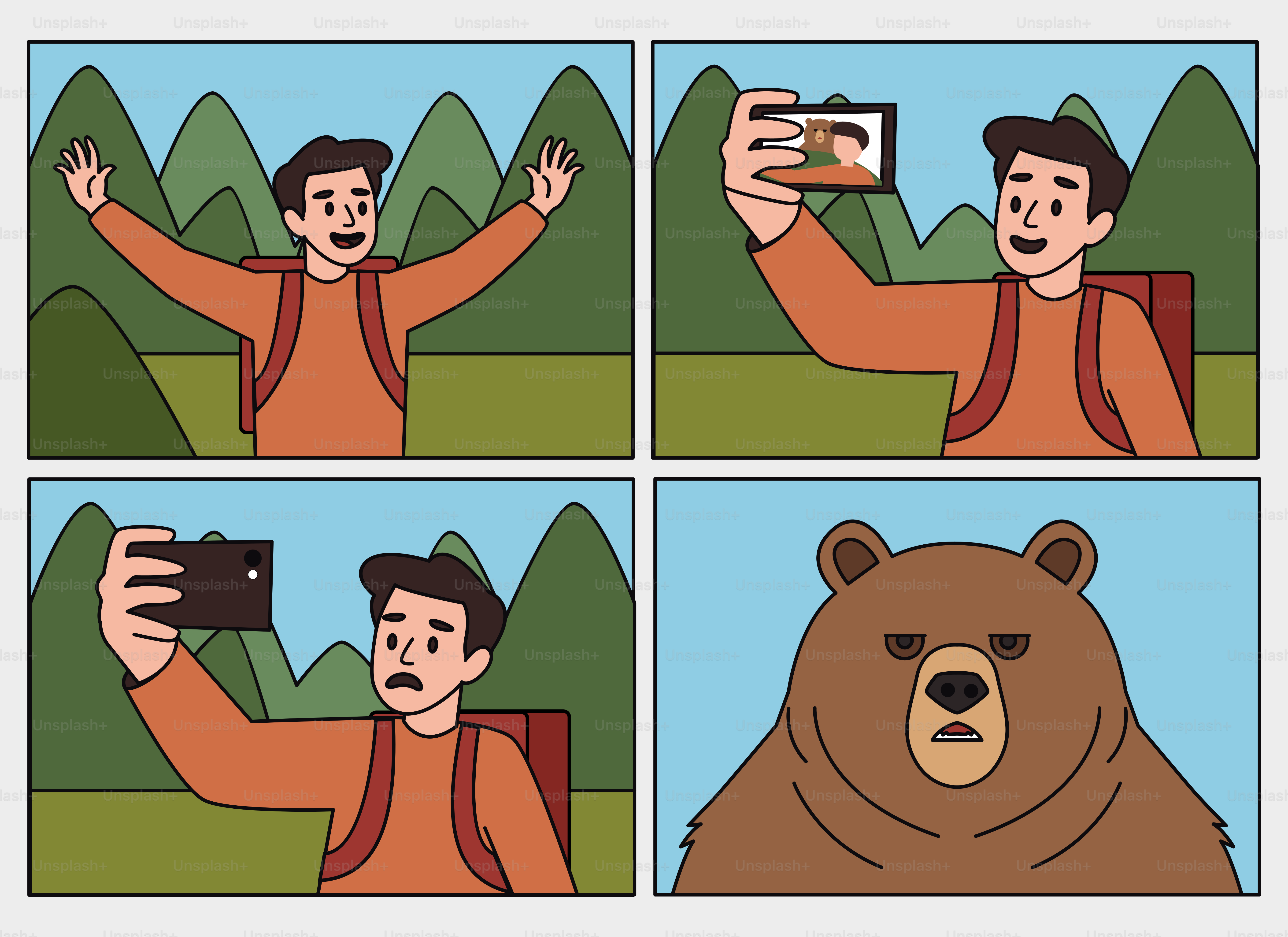 Un randonneur prend des selfies avant de rencontrer un ours.