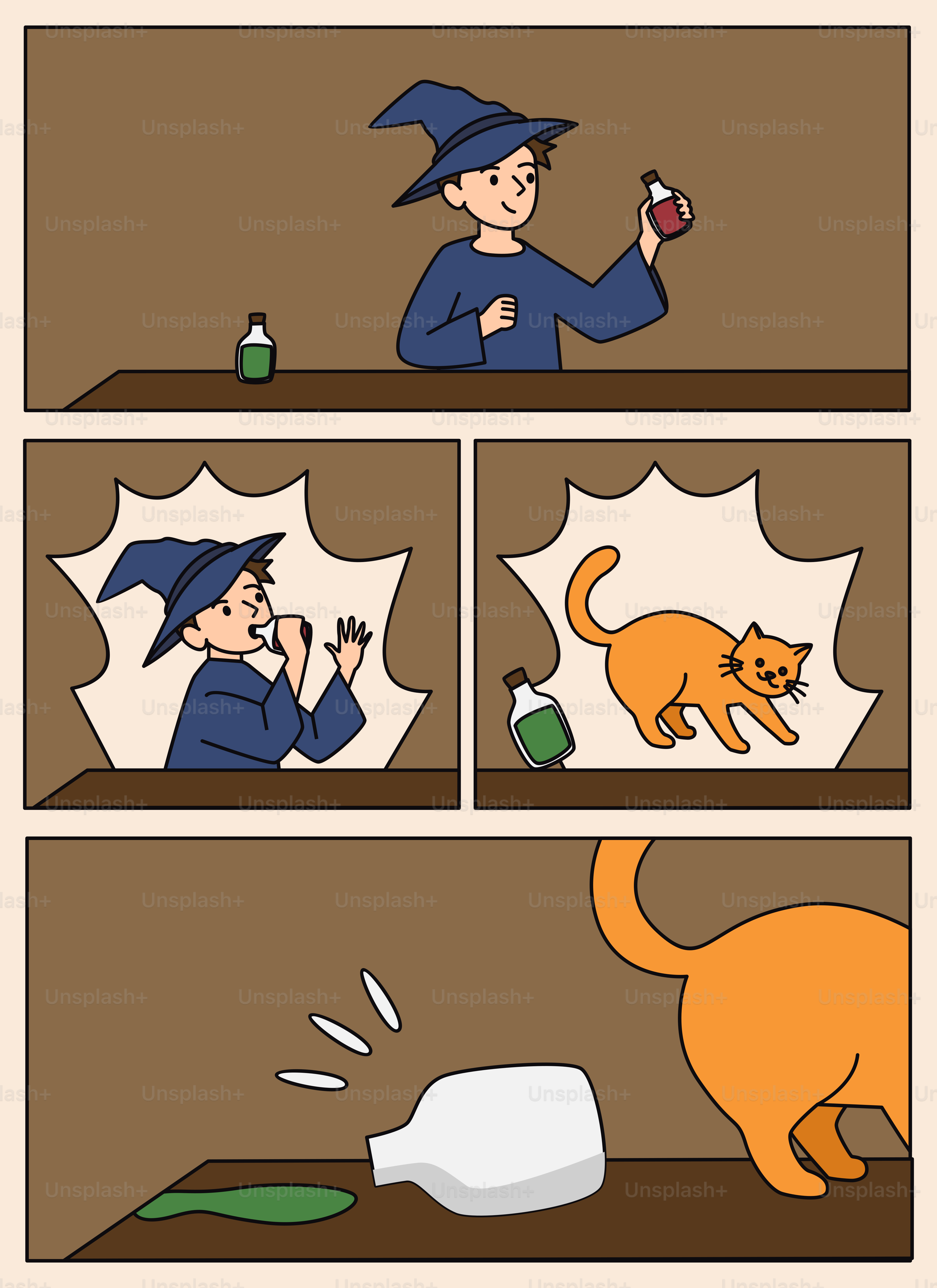 The wizard brews a potion that turns him into a cat.