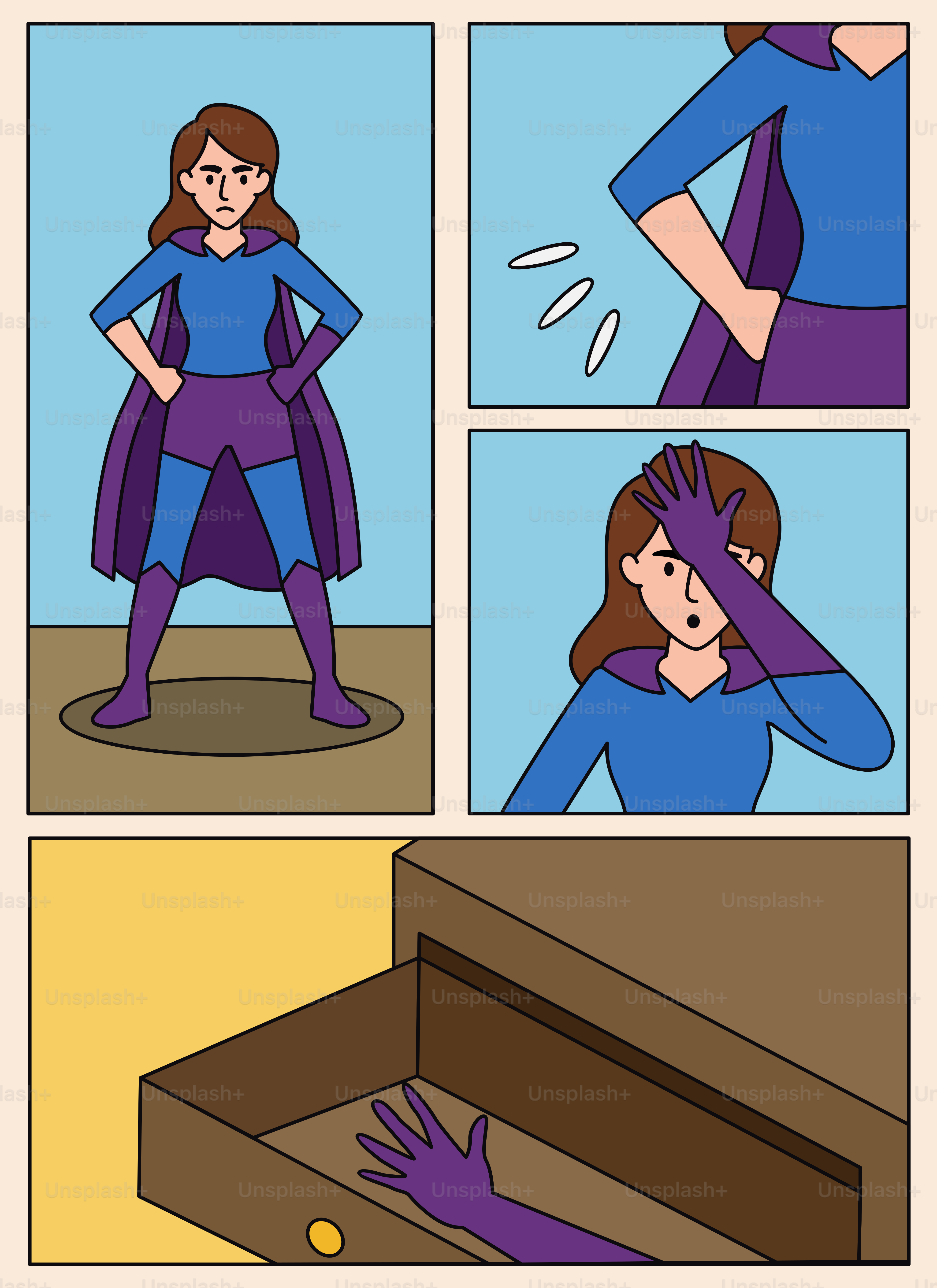 The superhero realizes her costume is incomplete.