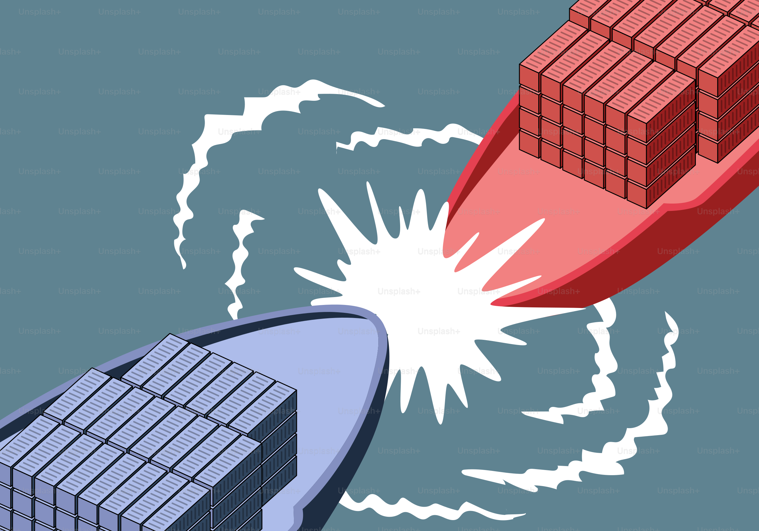 Two ships collide, leaving a large splash.