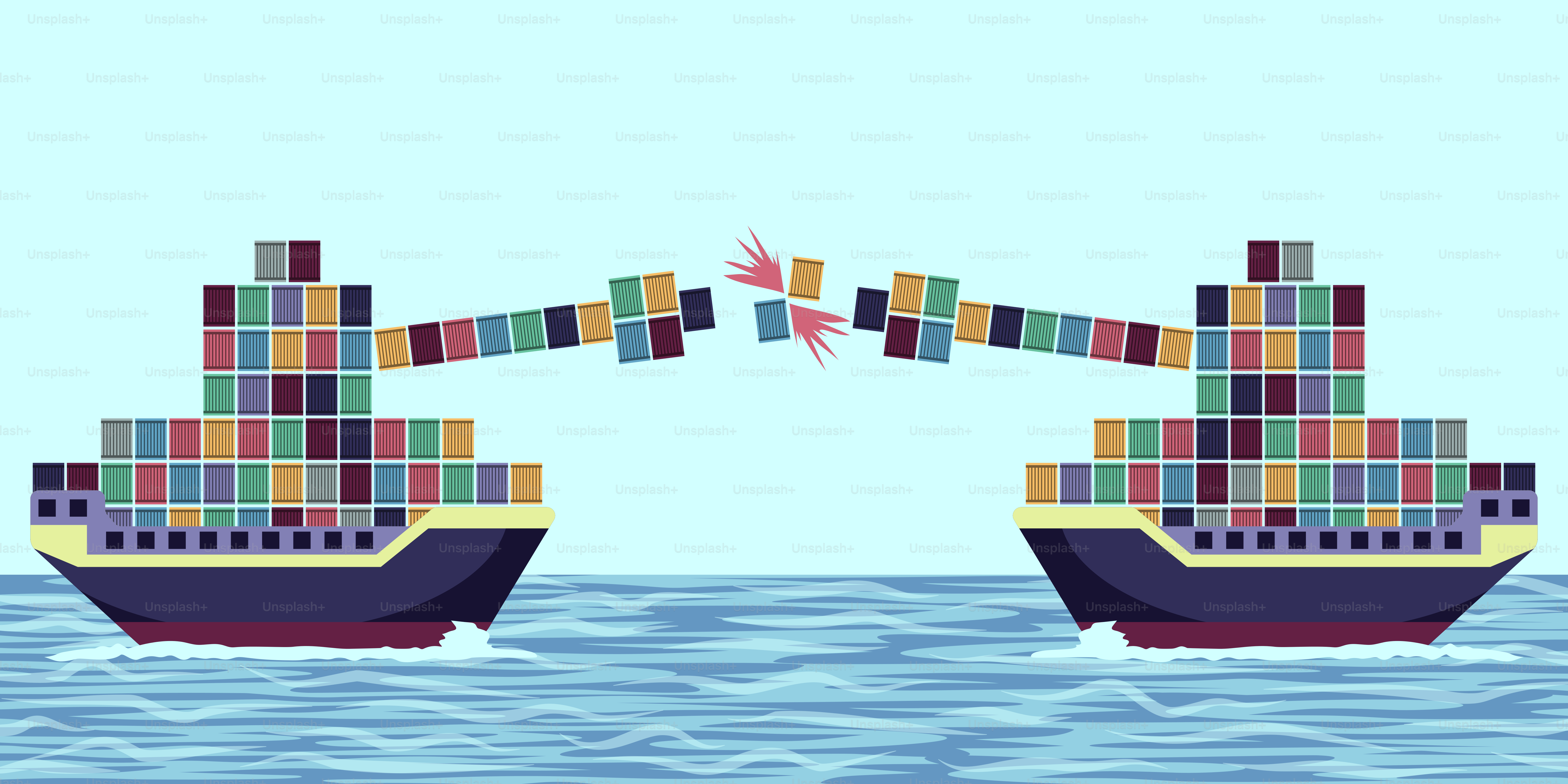 Dois navios de carga estão negociando contêineres.