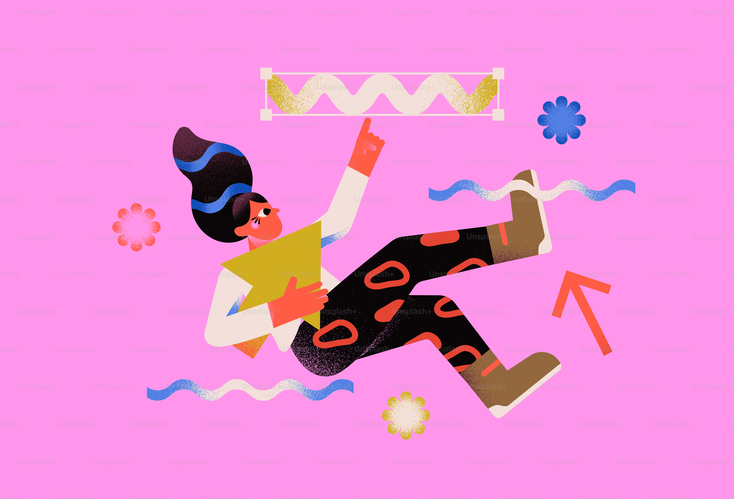 A person balances an object in an abstract art.