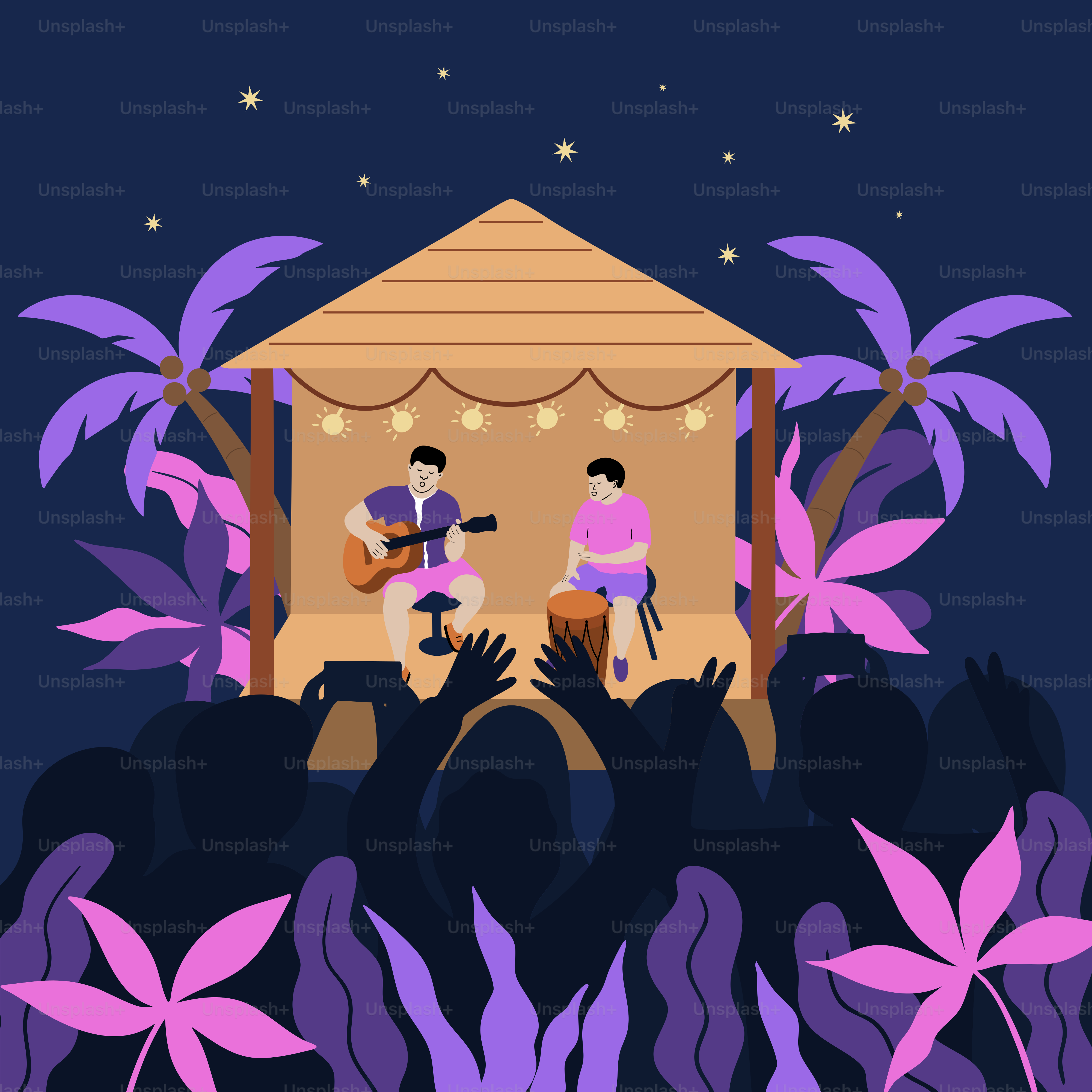 Musicians perform on stage, cheered by the crowd.