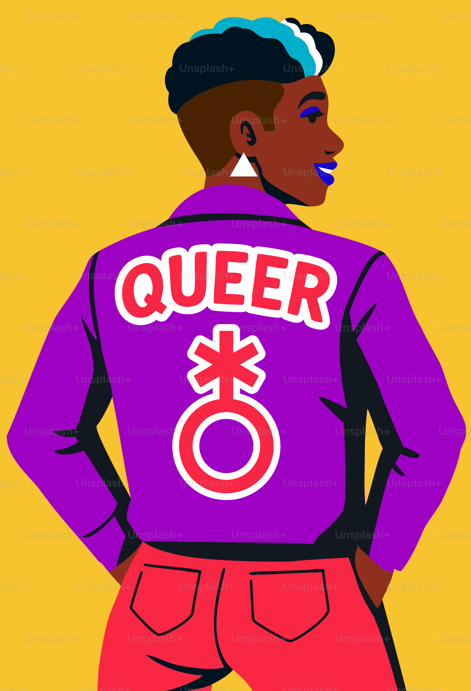 A person is proudly wearing a "queer" jacket.