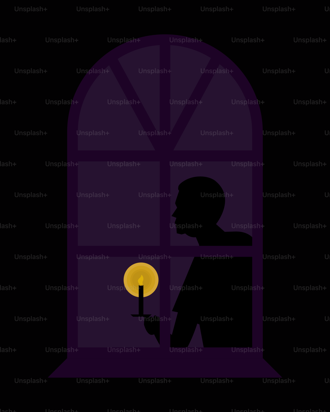A person holds a candle in a dark window.