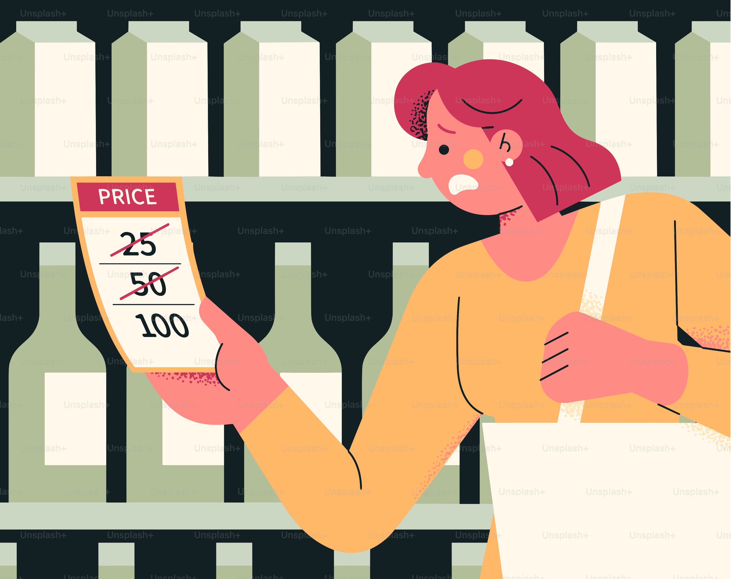 A woman is shocked by rising prices at the store.