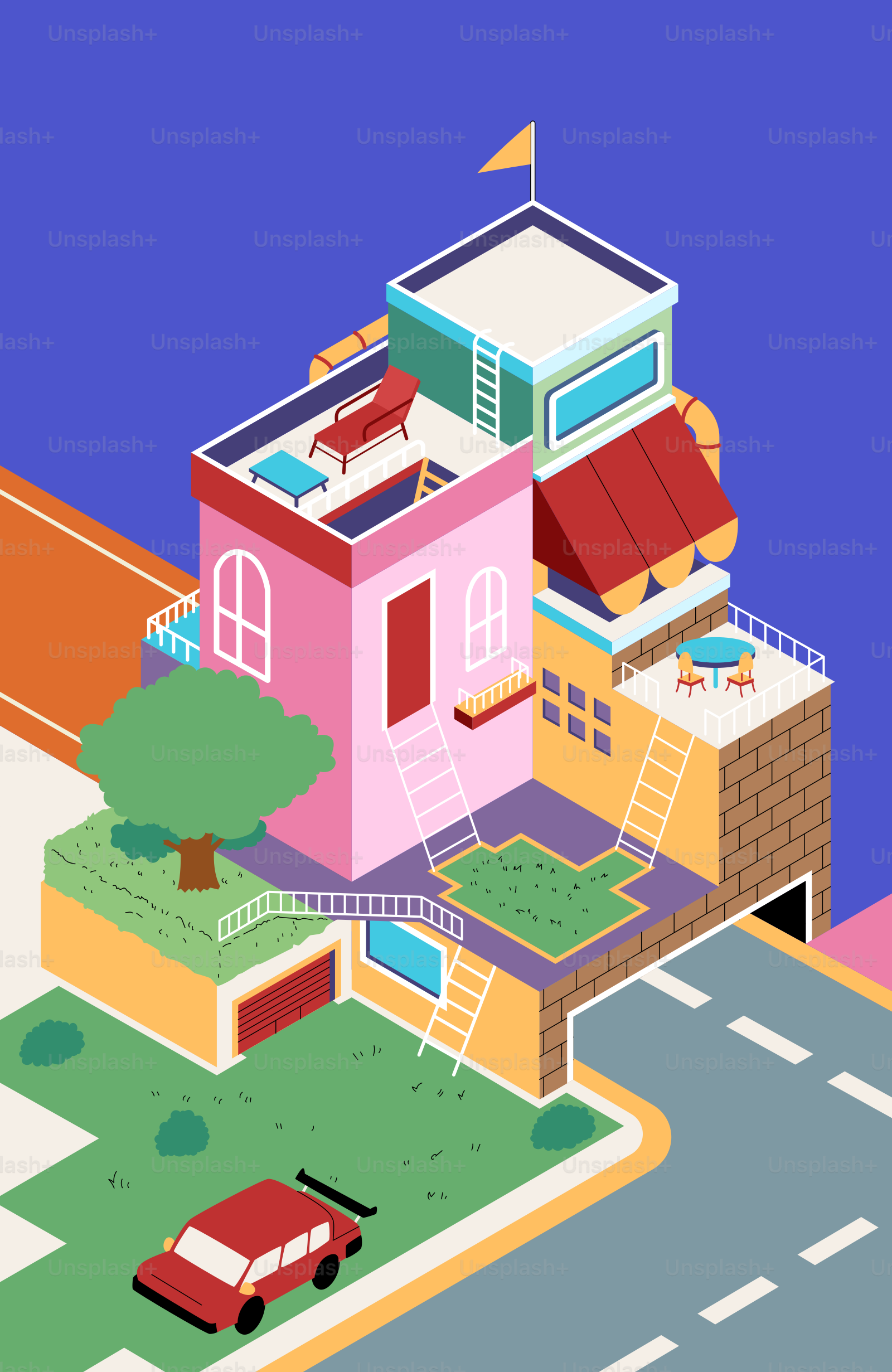 Colorful cartoon building with car and road.