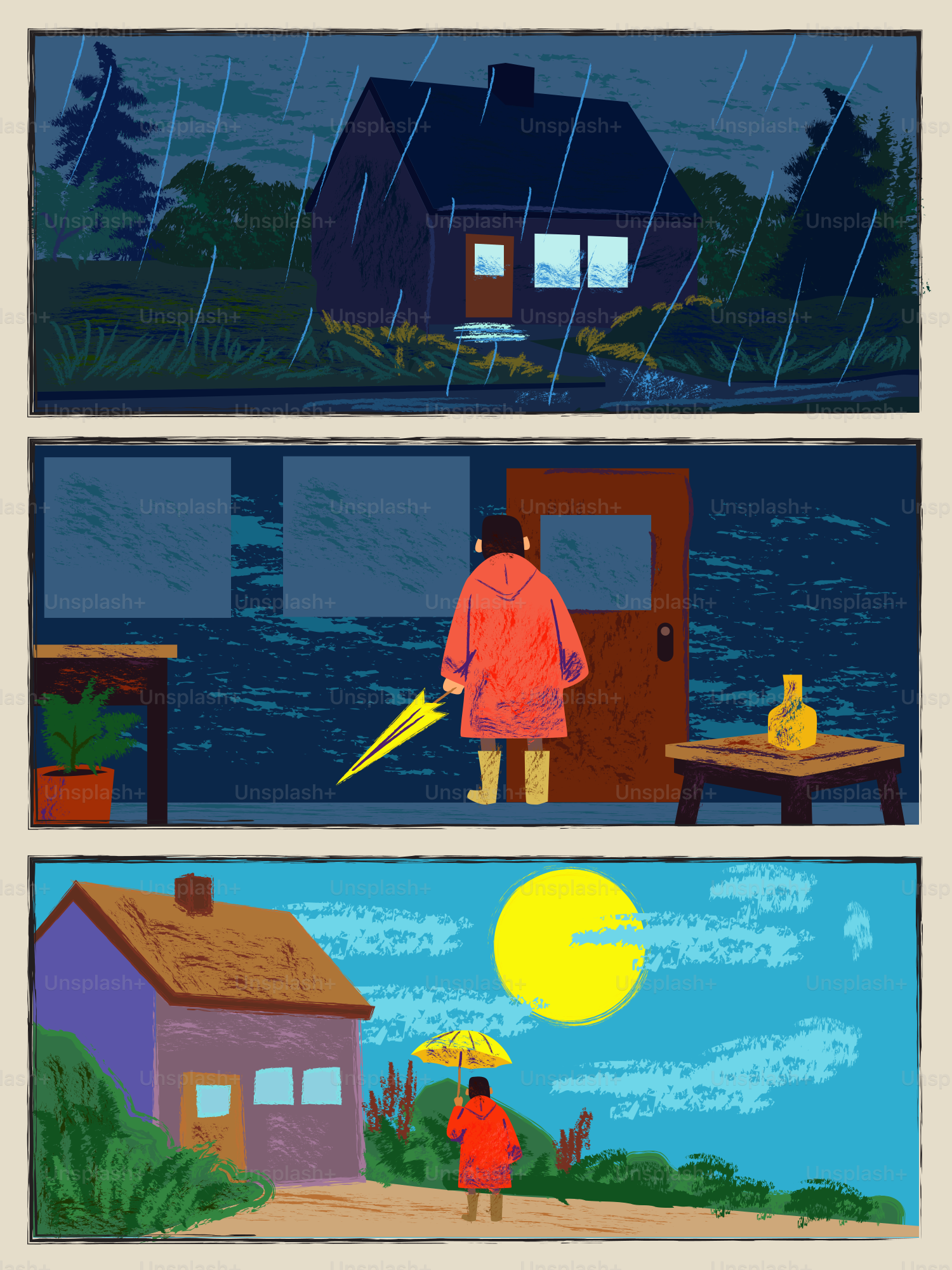 A person walks home during a rainy night.