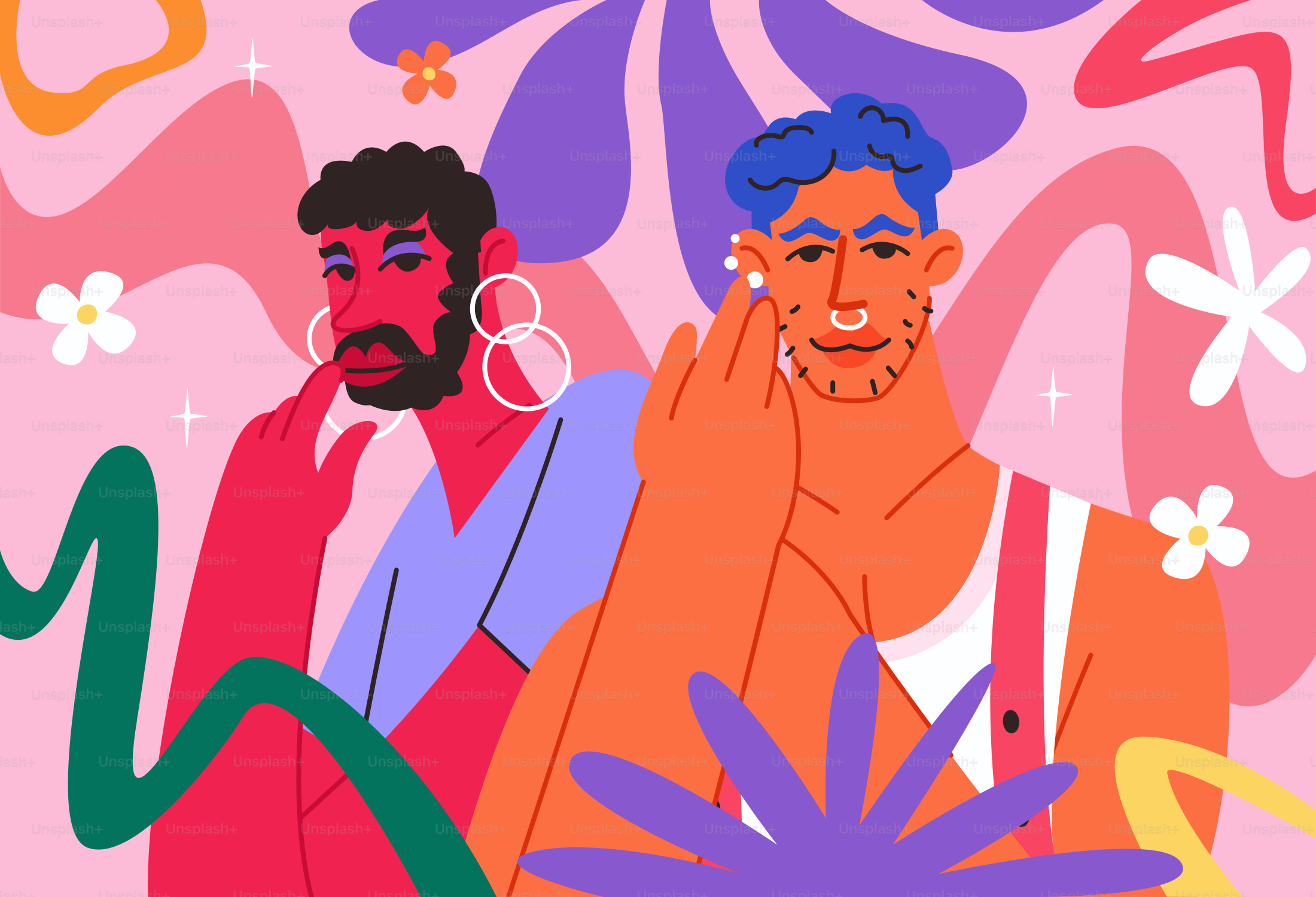 Dos hombres estilizados están de pie entre flores de colores.