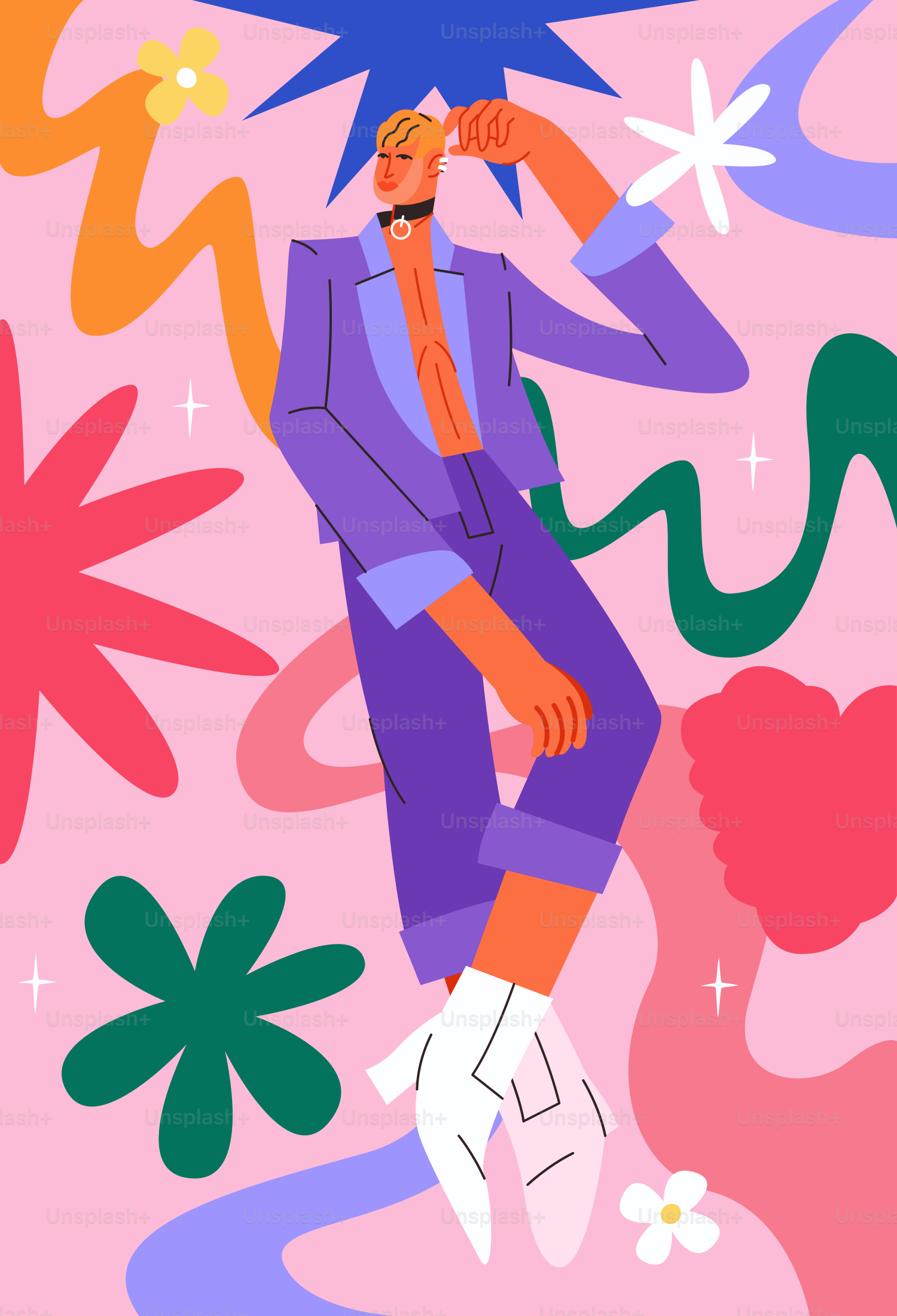 Une personne stylée pose avec un style artistique et coloré.