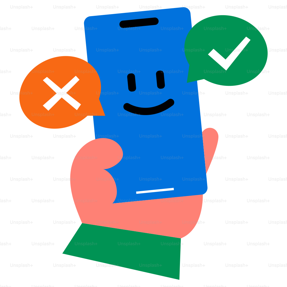 A phone shows a check and cross mark.