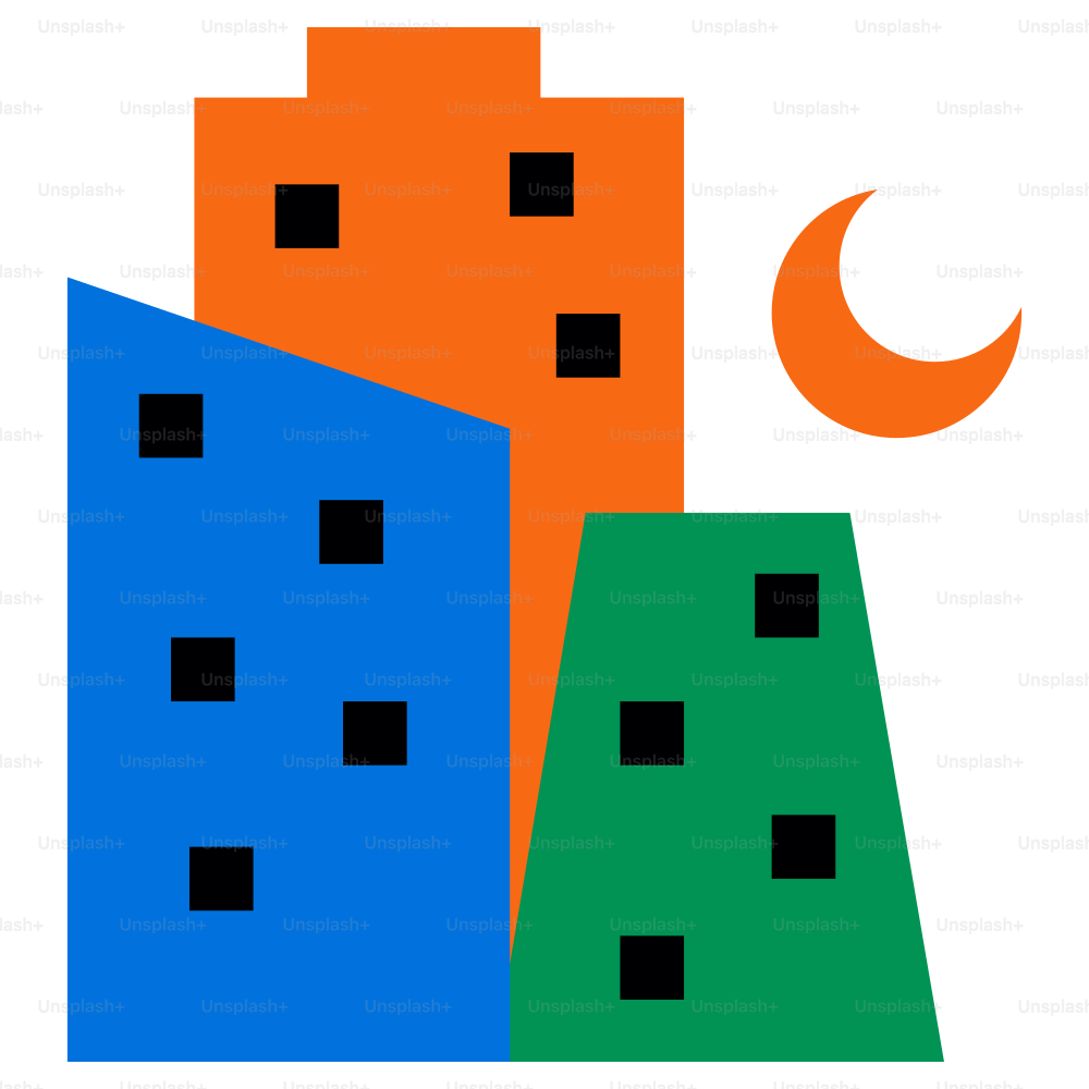 Des bâtiments colorés et un croissant de lune