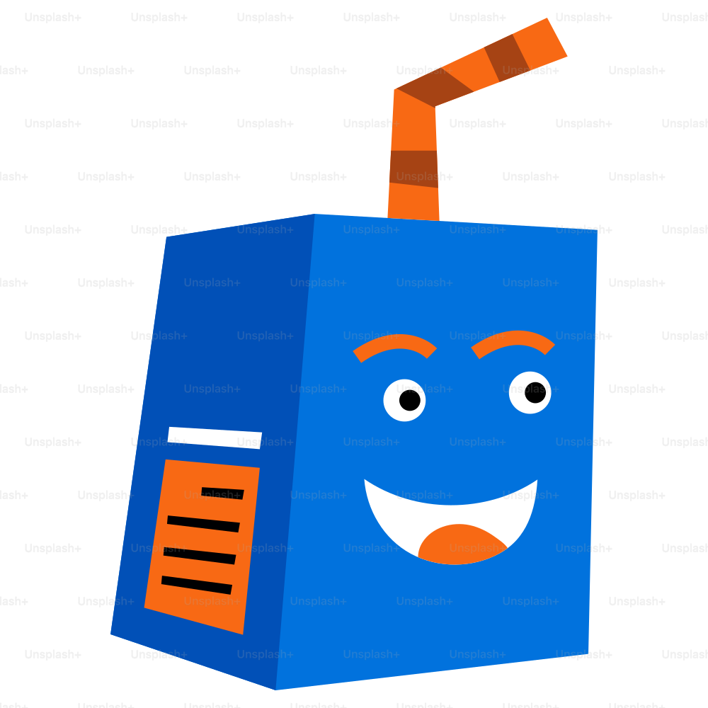 A smiling juice box cartoon with a straw.