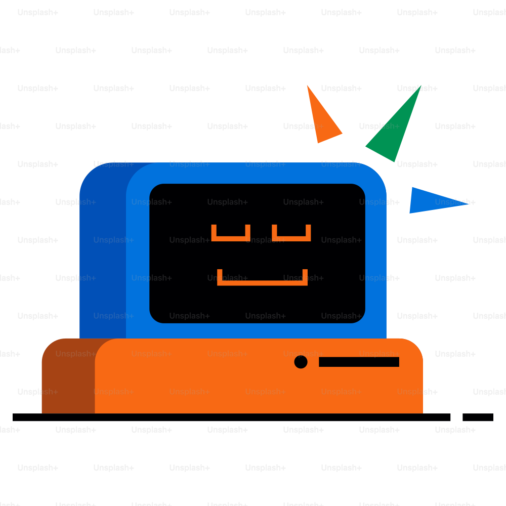 A smiling computer with colorful rays.