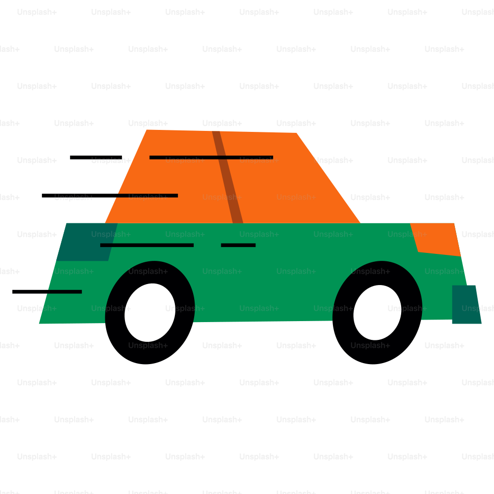 A green and orange car is moving quickly.