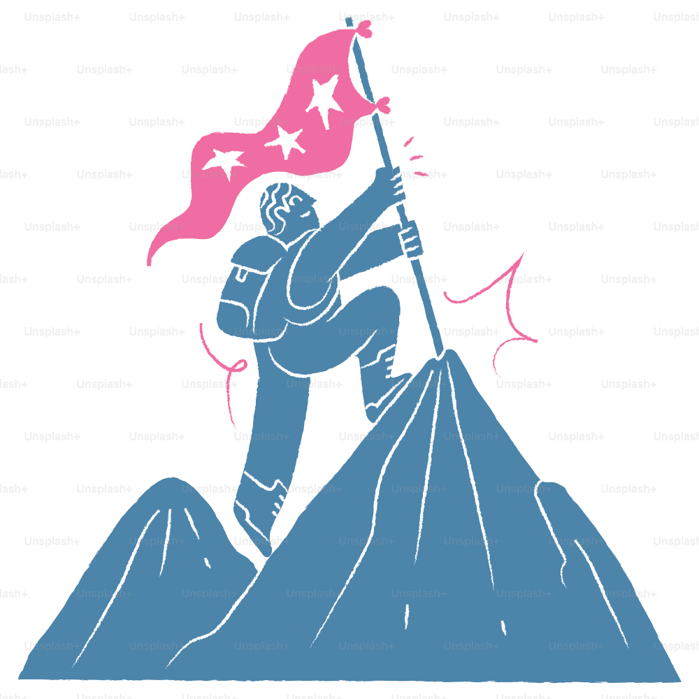 A person reaches a mountain peak with a flag.