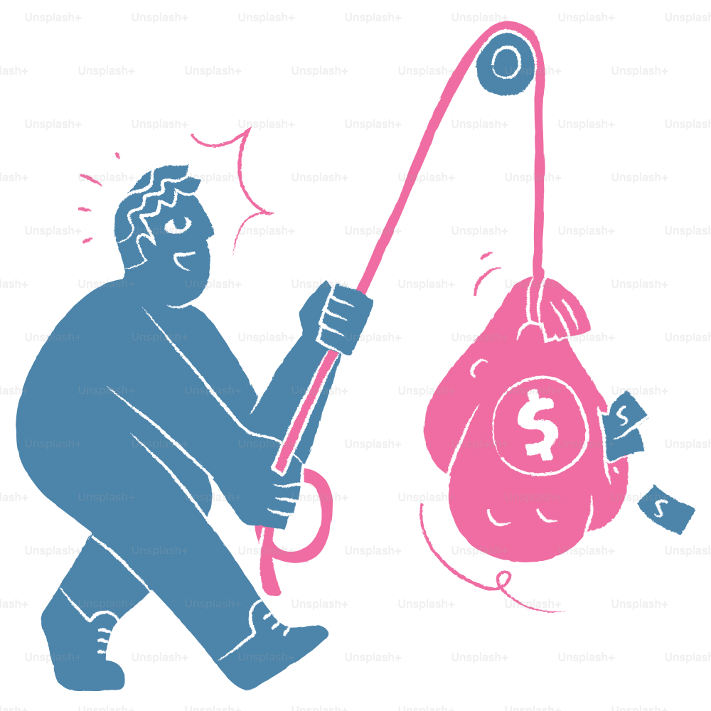 Man is fishing with money bag.