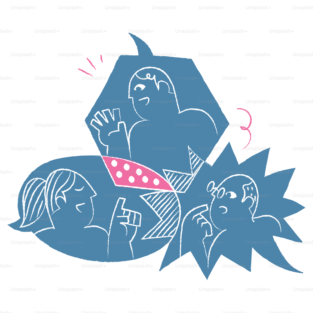 People are communicating with gestures and thought bubbles.