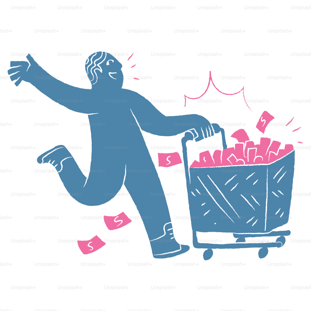 Man is excited, pushing a shopping cart full of money.