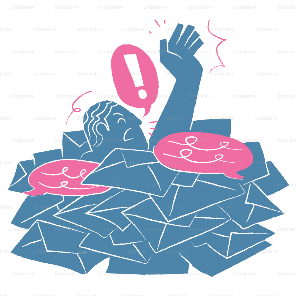 Overwhelmed with emails, a person struggles to the surface.