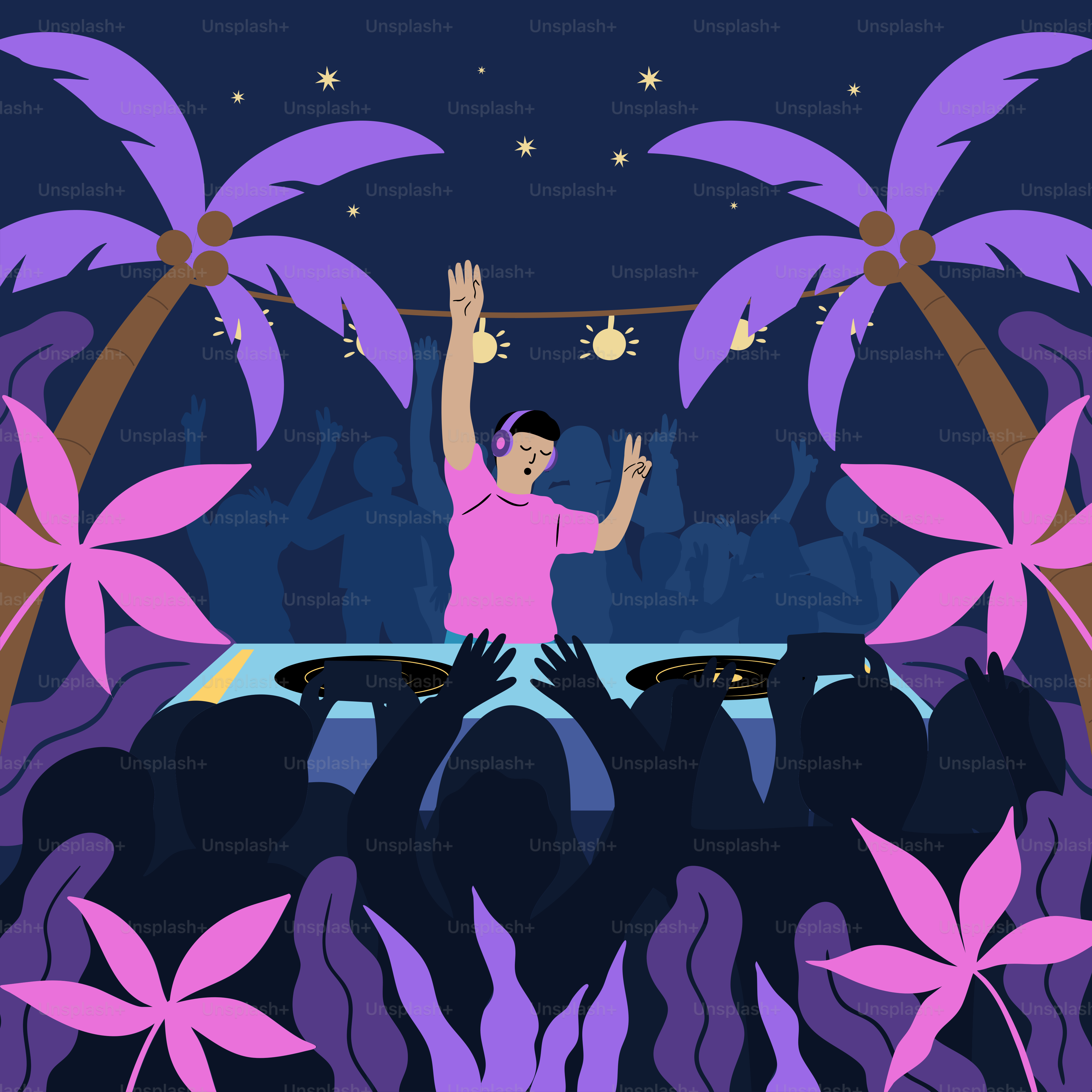 A dj performs at a nighttime beach party.