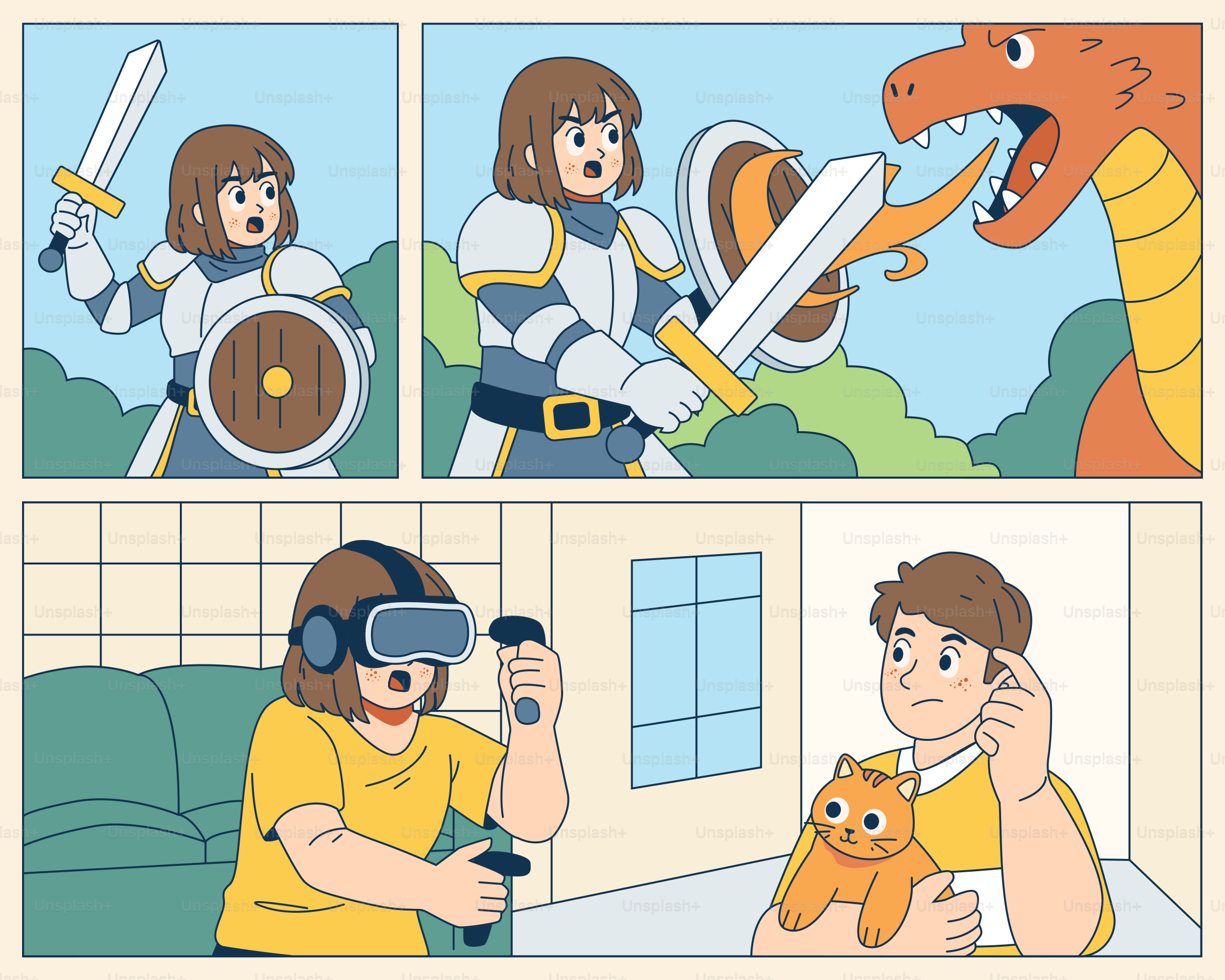 A knight battles a dragon, but it's just virtual reality.