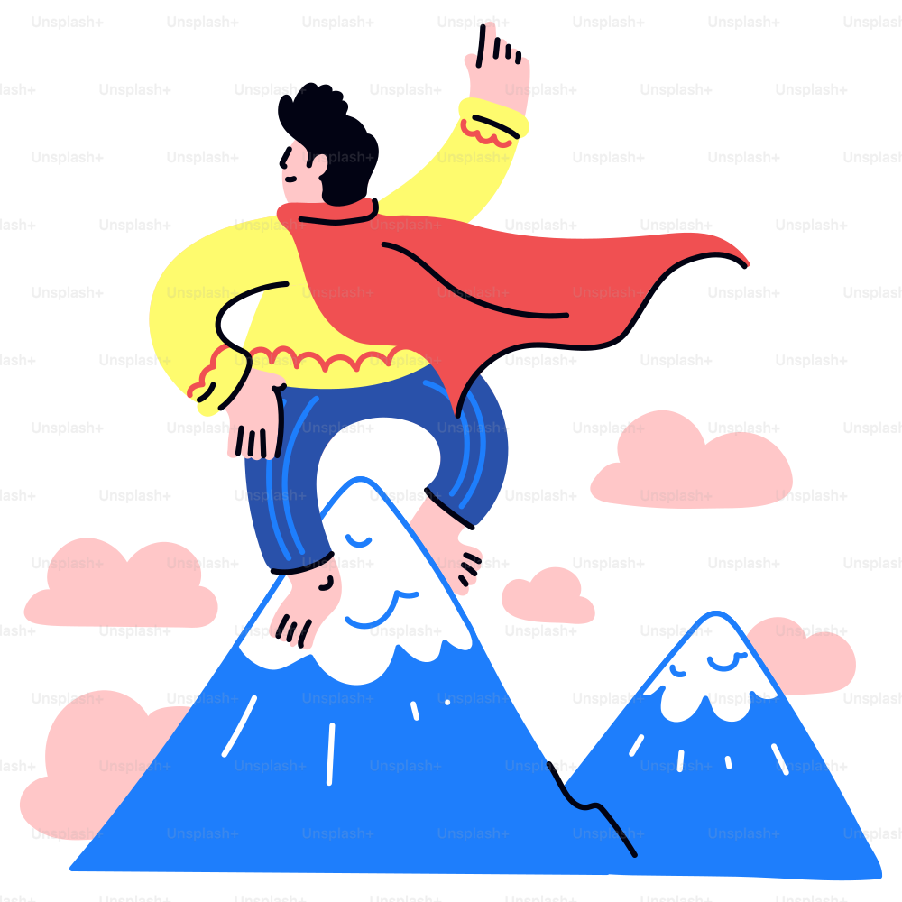 A superhero stands atop a mountain triumphantly.