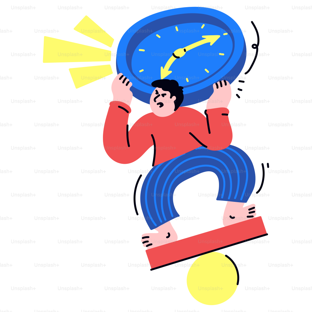 L'uomo sta lottando con un orologio gigante.