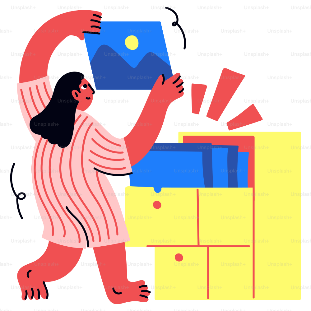 Woman is filing an image into a drawer.